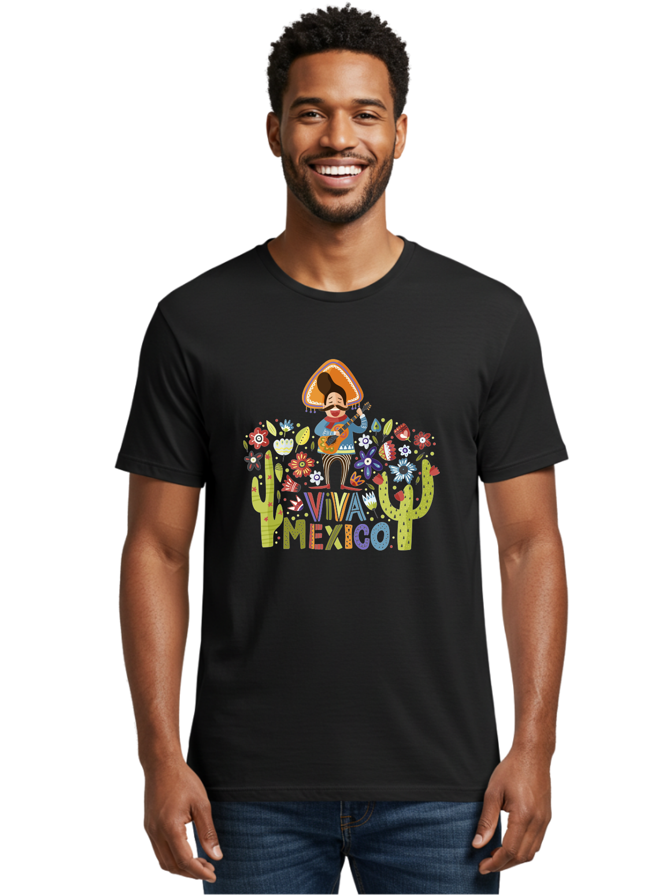 Viva-Mexico-1 Men'S Graphic Tee, 100% Cotton, Comfortable Casual Summer Wear, Machine Washable, Mexican Musician, Mariachi Playing Guitar, Festive Atmosphere, Colorful Flowers, Cacti, Cultural Heritage, Vibrant Colors, - Aaa306