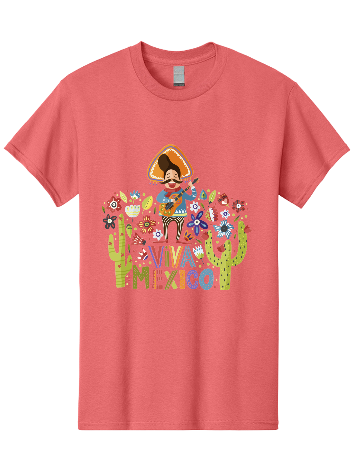 Viva-Mexico-1 Men'S Graphic Tee, 100% Cotton, Comfortable Casual Summer Wear, Machine Washable, Mexican Musician, Mariachi Playing Guitar, Festive Atmosphere, Colorful Flowers, Cacti, Cultural Heritage, Vibrant Colors, - Aaa306