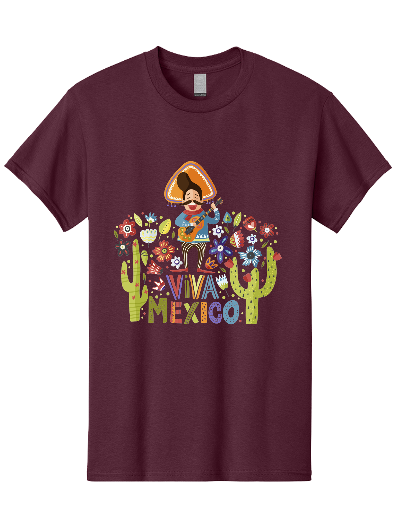Viva-Mexico-1 Men'S Graphic Tee, 100% Cotton, Comfortable Casual Summer Wear, Machine Washable, Mexican Musician, Mariachi Playing Guitar, Festive Atmosphere, Colorful Flowers, Cacti, Cultural Heritage, Vibrant Colors, - Aaa306