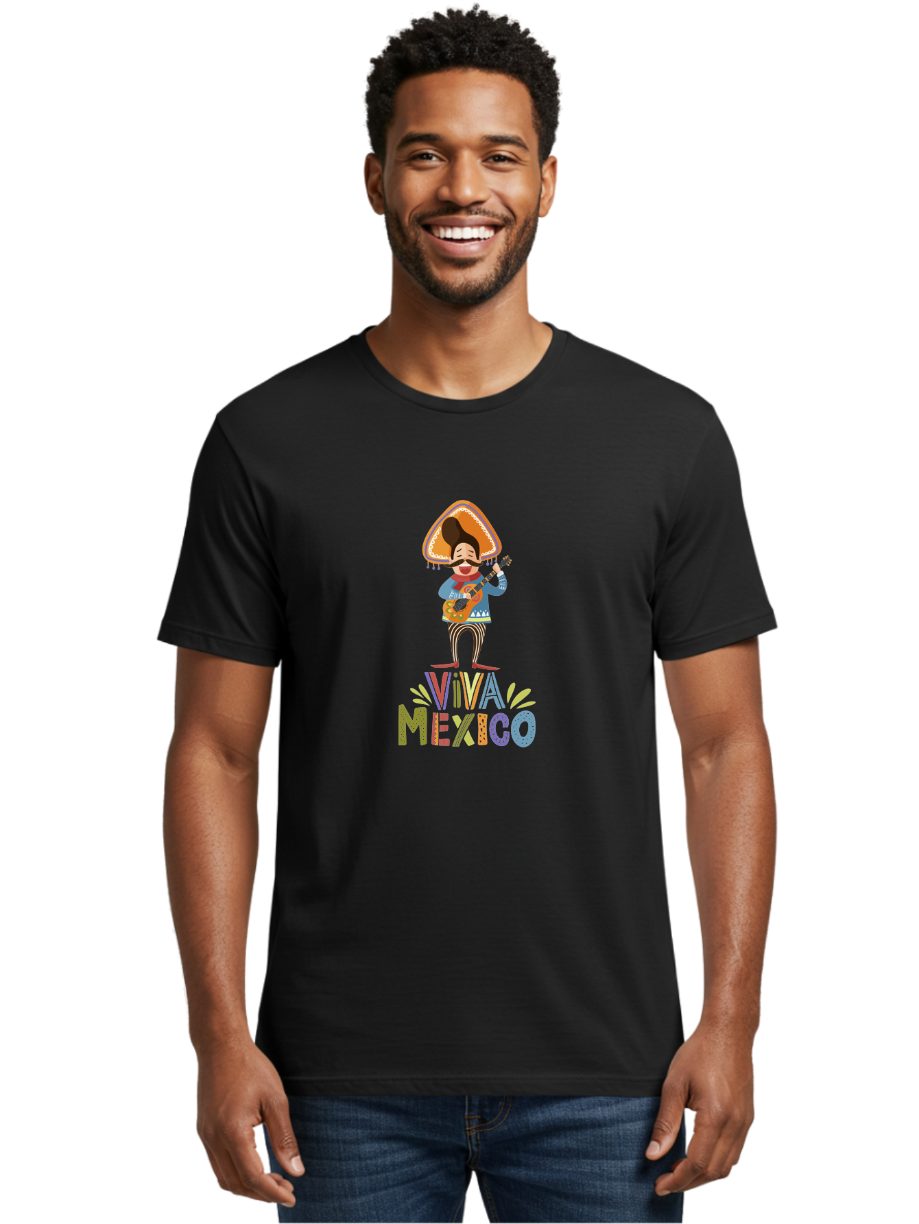 Viva-Mexico Men'S Graphic Tee, 100% Cotton, Comfortable Casual Summer Wear, Machine Washable, Mexican Culture, Traditional Clothing, Mariachi Musician, Guitar Player, Festive Atmosphere, Colorful Graphics, Vibrant Colors, - Aaa309