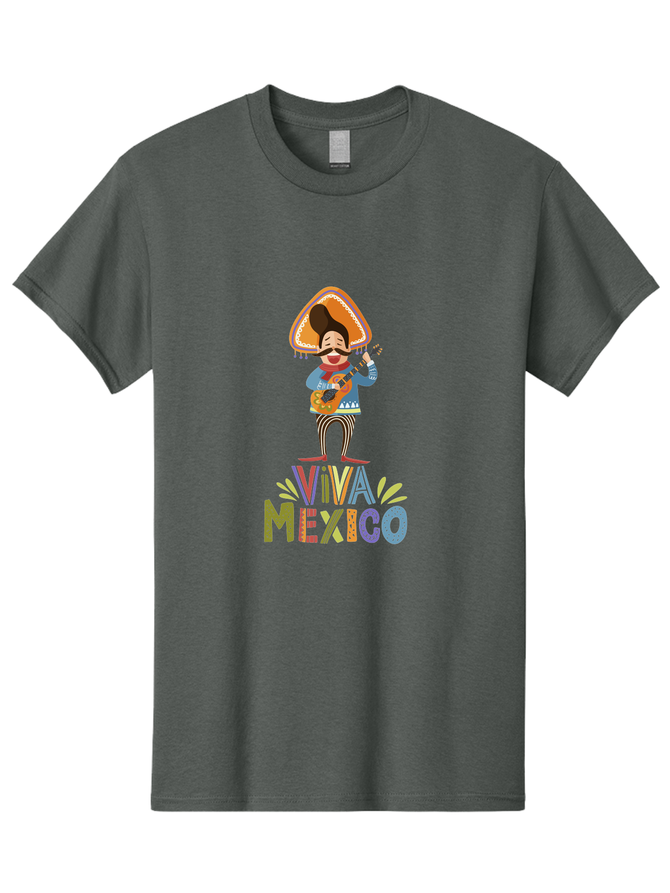 Viva-Mexico Men'S Graphic Tee, 100% Cotton, Comfortable Casual Summer Wear, Machine Washable, Mexican Culture, Traditional Clothing, Mariachi Musician, Guitar Player, Festive Atmosphere, Colorful Graphics, Vibrant Colors, - Aaa309
