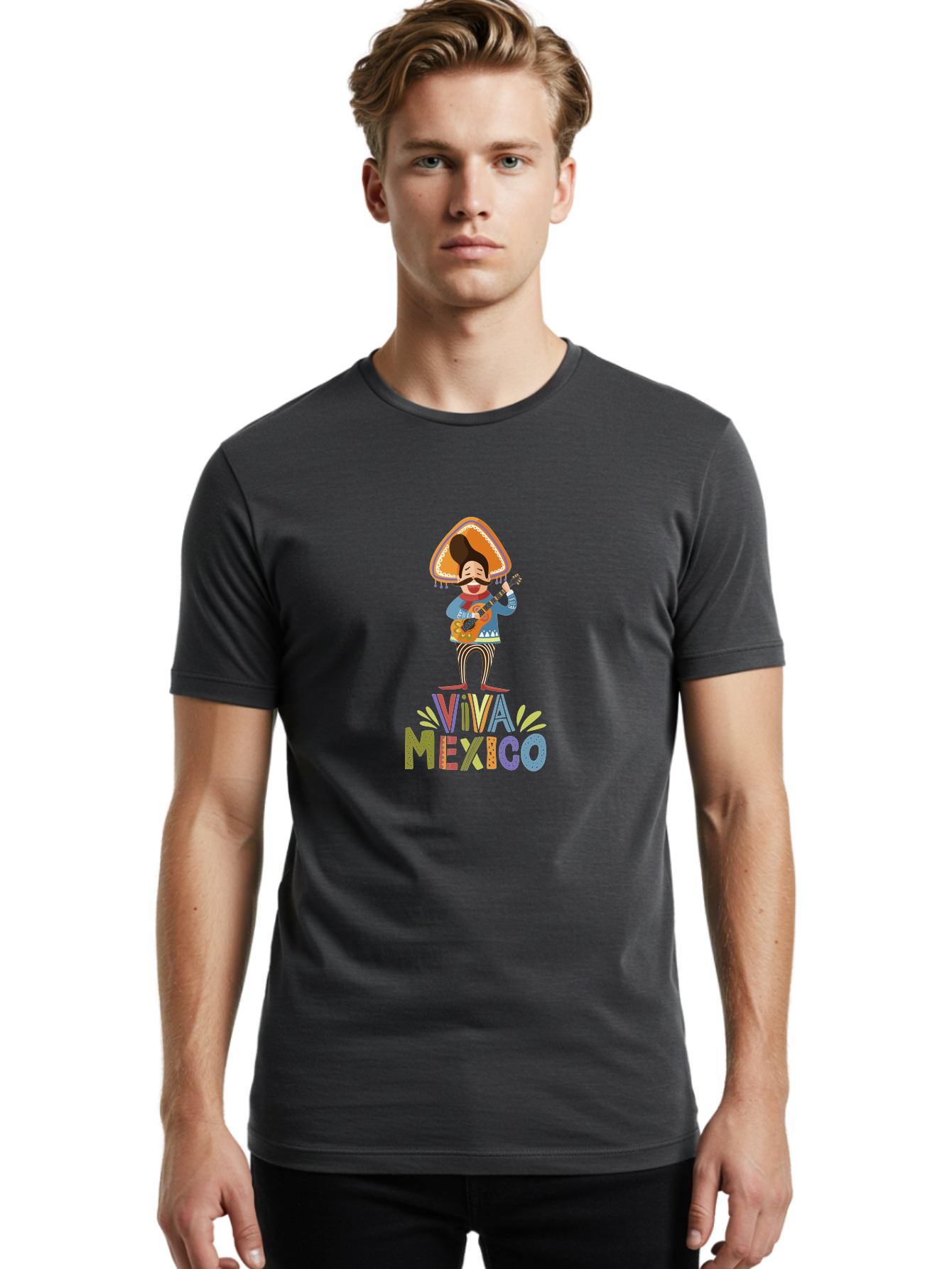 Viva-Mexico Men'S Graphic Tee, 100% Cotton, Comfortable Casual Summer Wear, Machine Washable, Mexican Culture, Traditional Clothing, Mariachi Musician, Guitar Player, Festive Atmosphere, Colorful Graphics, Vibrant Colors, - Aaa309
