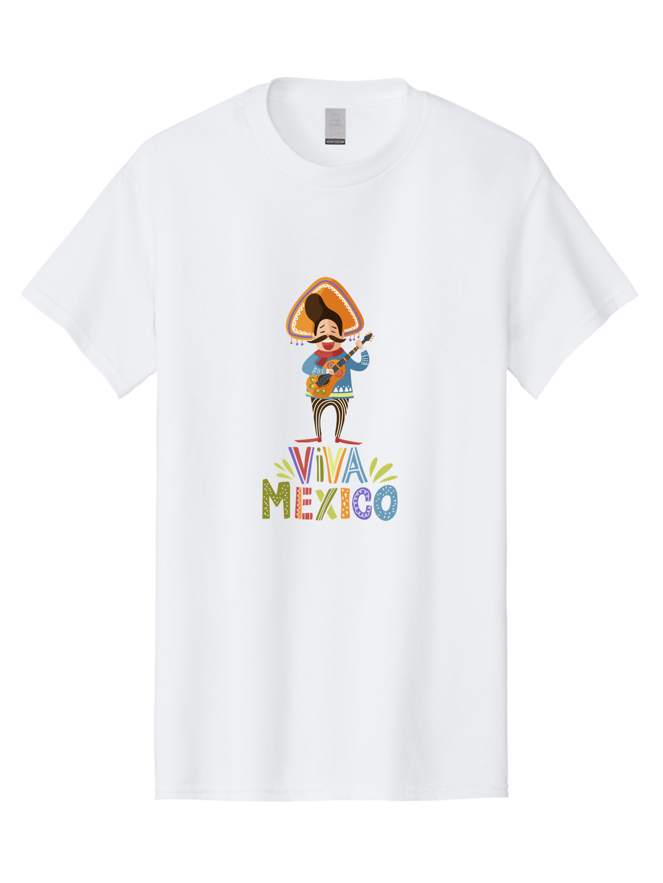 Viva-Mexico Men'S Graphic Tee, 100% Cotton, Comfortable Casual Summer Wear, Machine Washable, Mexican Culture, Traditional Clothing, Mariachi Musician, Guitar Player, Festive Atmosphere, Colorful Graphics, Vibrant Colors, - Aaa309
