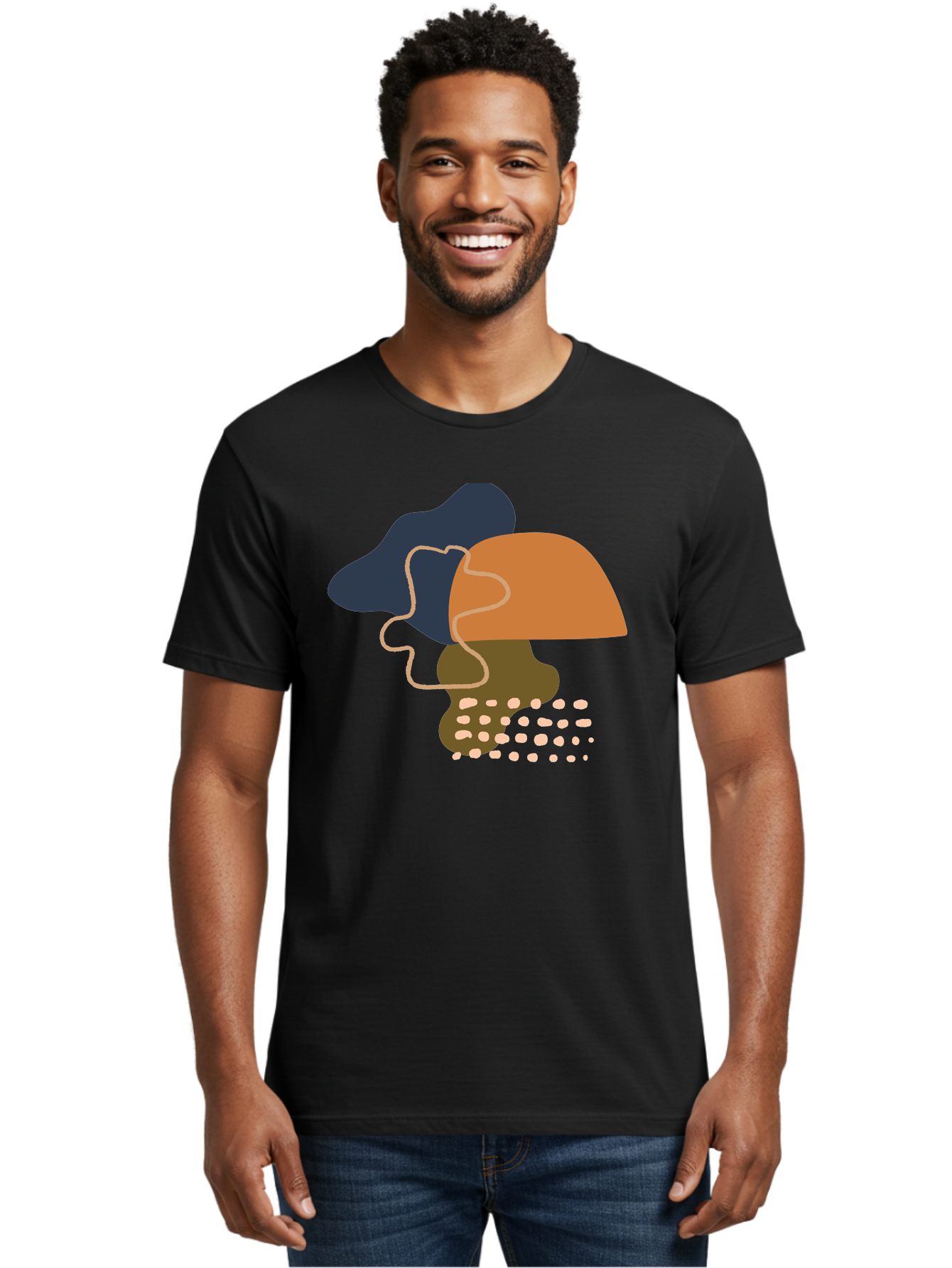 Abstract-Shapes-3 Men'S Graphic Tee, 100% Cotton, Comfortable Casual Summer Wear, Machine Washable, Abstract Shapes, Modern Art, Digital Illustration, Wavy Line, Layered Forms, Blue, Orange, Brown Colors, Minimalist Design, - Aaa355