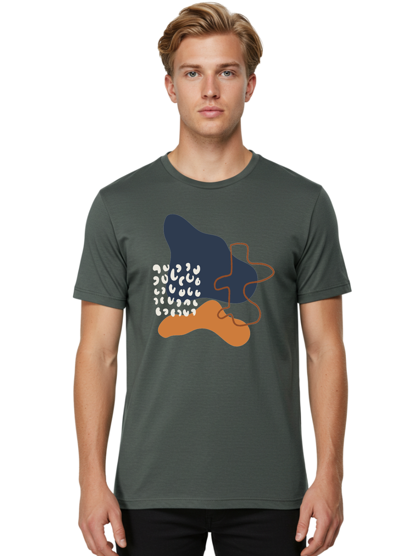 Abstract-Shapes-4 Men'S Graphic Tee, 100% Cotton, Comfortable Casual Summer Wear, Machine Washable, Abstract Art, Modern Design, Unique Shapes, Navy Blue Shape, Orange Blob, White Semicolons, Brown Squiggly Line, Creative Expression, - Aaa356