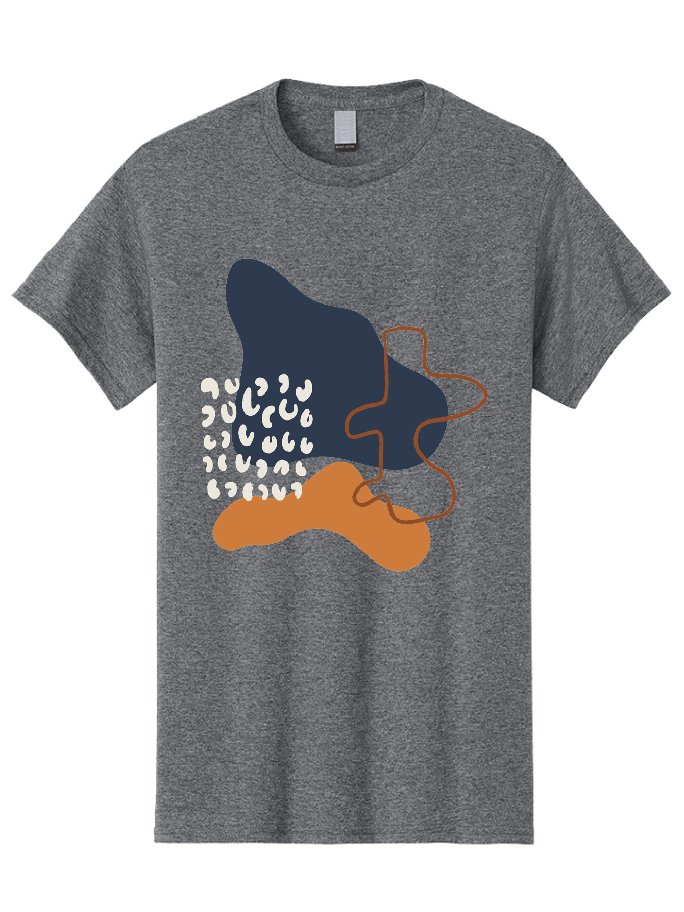 Abstract-Shapes-4 Men'S Graphic Tee, 100% Cotton, Comfortable Casual Summer Wear, Machine Washable, Abstract Art, Modern Design, Unique Shapes, Navy Blue Shape, Orange Blob, White Semicolons, Brown Squiggly Line, Creative Expression, - Aaa356