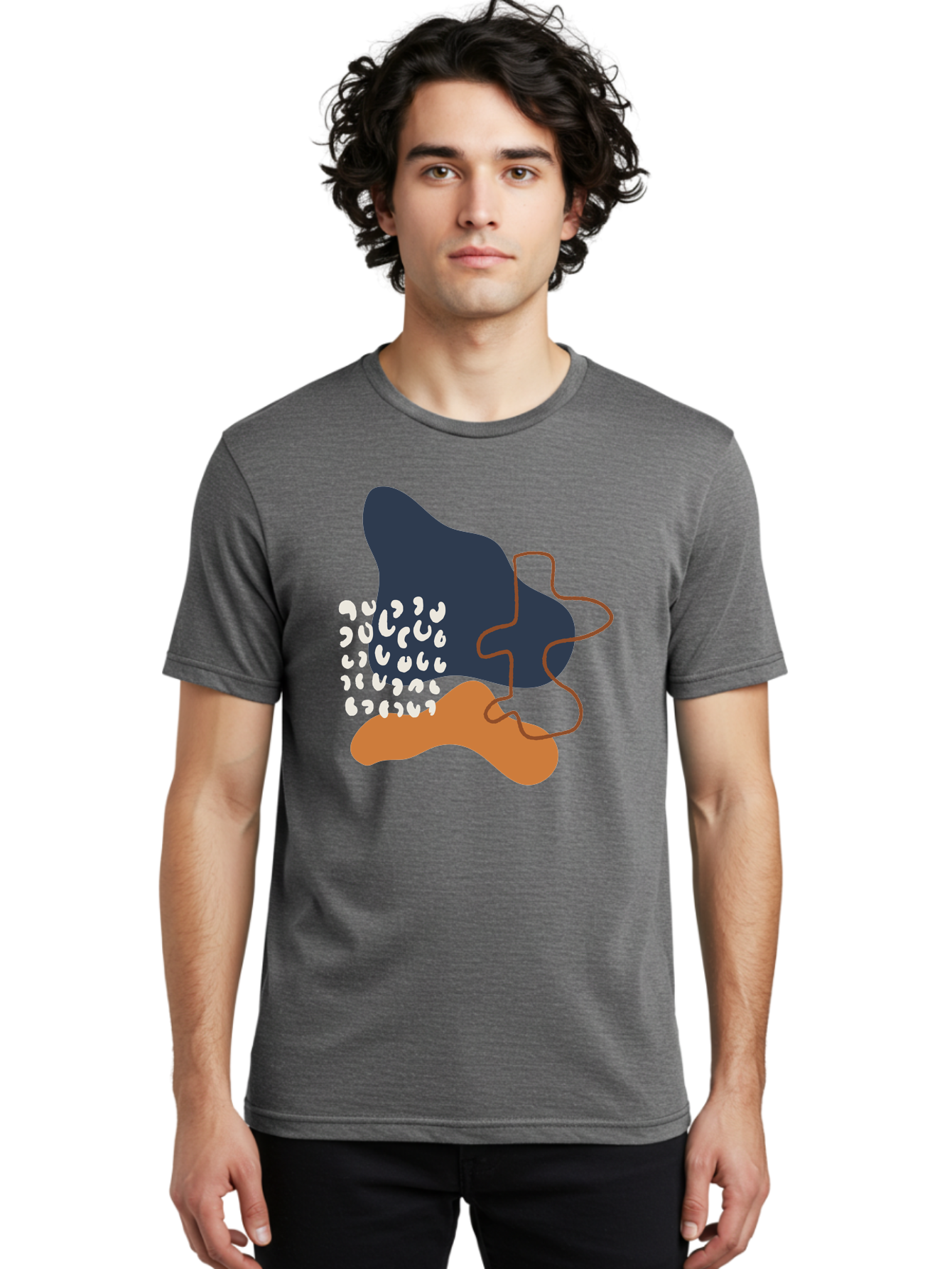 Abstract-Shapes-4 Men'S Graphic Tee, 100% Cotton, Comfortable Casual Summer Wear, Machine Washable, Abstract Art, Modern Design, Unique Shapes, Navy Blue Shape, Orange Blob, White Semicolons, Brown Squiggly Line, Creative Expression, - Aaa356