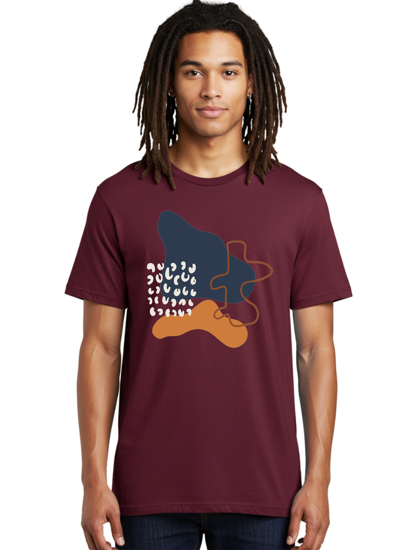 Abstract-Shapes-4 Men'S Graphic Tee, 100% Cotton, Comfortable Casual Summer Wear, Machine Washable, Abstract Art, Modern Design, Unique Shapes, Navy Blue Shape, Orange Blob, White Semicolons, Brown Squiggly Line, Creative Expression, - Aaa356