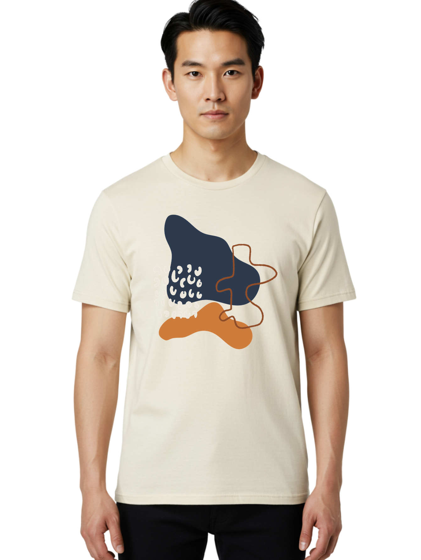 Abstract-Shapes-4 Men'S Graphic Tee, 100% Cotton, Comfortable Casual Summer Wear, Machine Washable, Abstract Art, Modern Design, Unique Shapes, Navy Blue Shape, Orange Blob, White Semicolons, Brown Squiggly Line, Creative Expression, - Aaa356