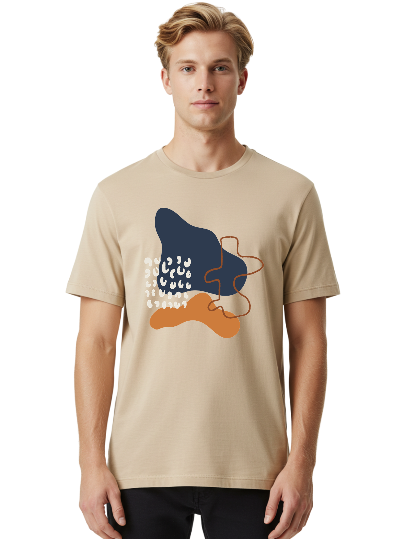 Abstract-Shapes-4 Men'S Graphic Tee, 100% Cotton, Comfortable Casual Summer Wear, Machine Washable, Abstract Art, Modern Design, Unique Shapes, Navy Blue Shape, Orange Blob, White Semicolons, Brown Squiggly Line, Creative Expression, - Aaa356