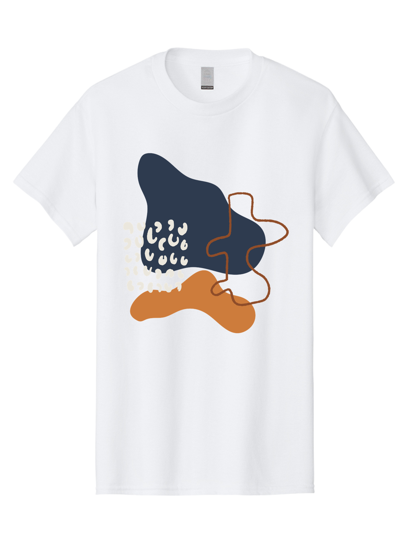 Abstract-Shapes-4 Men'S Graphic Tee, 100% Cotton, Comfortable Casual Summer Wear, Machine Washable, Abstract Art, Modern Design, Unique Shapes, Navy Blue Shape, Orange Blob, White Semicolons, Brown Squiggly Line, Creative Expression, - Aaa356