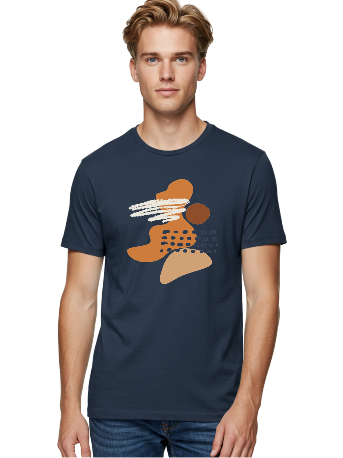 Abstract-Shapes Men'S Graphic Tee, 100% Cotton, Comfortable Casual Summer Wear, Machine Washable, Abstract Art, Modern Design, Geometric Shapes, Orange And Brown Hues, White Streaks, Black Dots, Artistic Expression, Contemporary Style - Aaa357