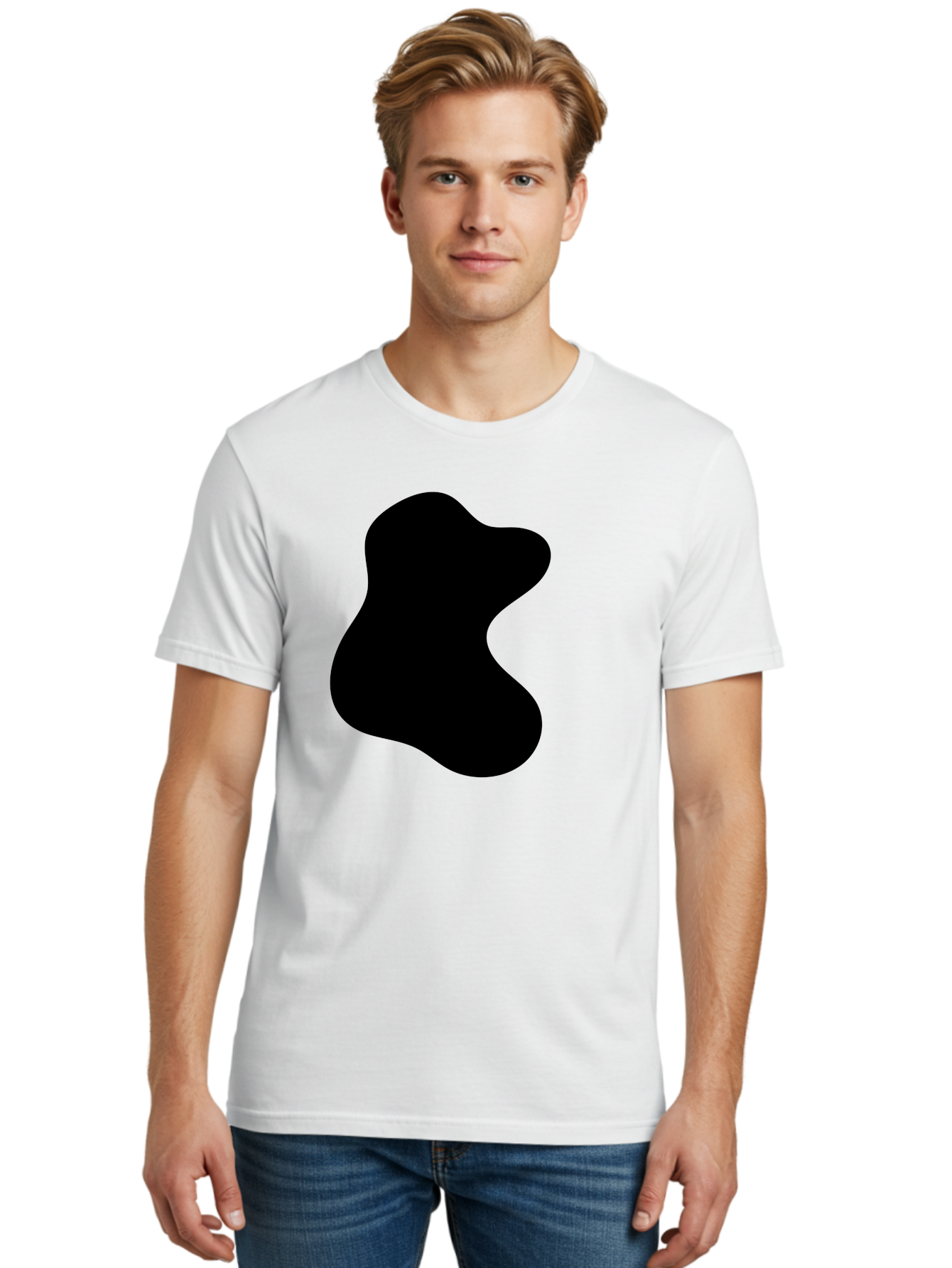 Black-Blob Men'S Graphic Tee, 100% Cotton, Comfortable Casual Summer Wear, Machine Washable, Black Blob Shape, Abstract Design, Irregular Form, Modern Art, Minimalist Style, Simple Shape, Unique Silhouette - Aaa366