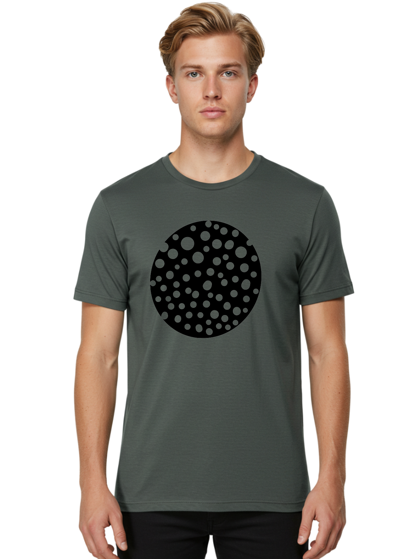 Black-Circle-With-Green-Dots Men'S Graphic Tee, 100% Cotton, Comfortable Casual Summer Wear, Machine Washable, Black Circle, Green Dots, Graphic Design, Abstract Art, Modern Pattern, Geometric Shapes, Simple Design, Bold Colors, - Aaa368