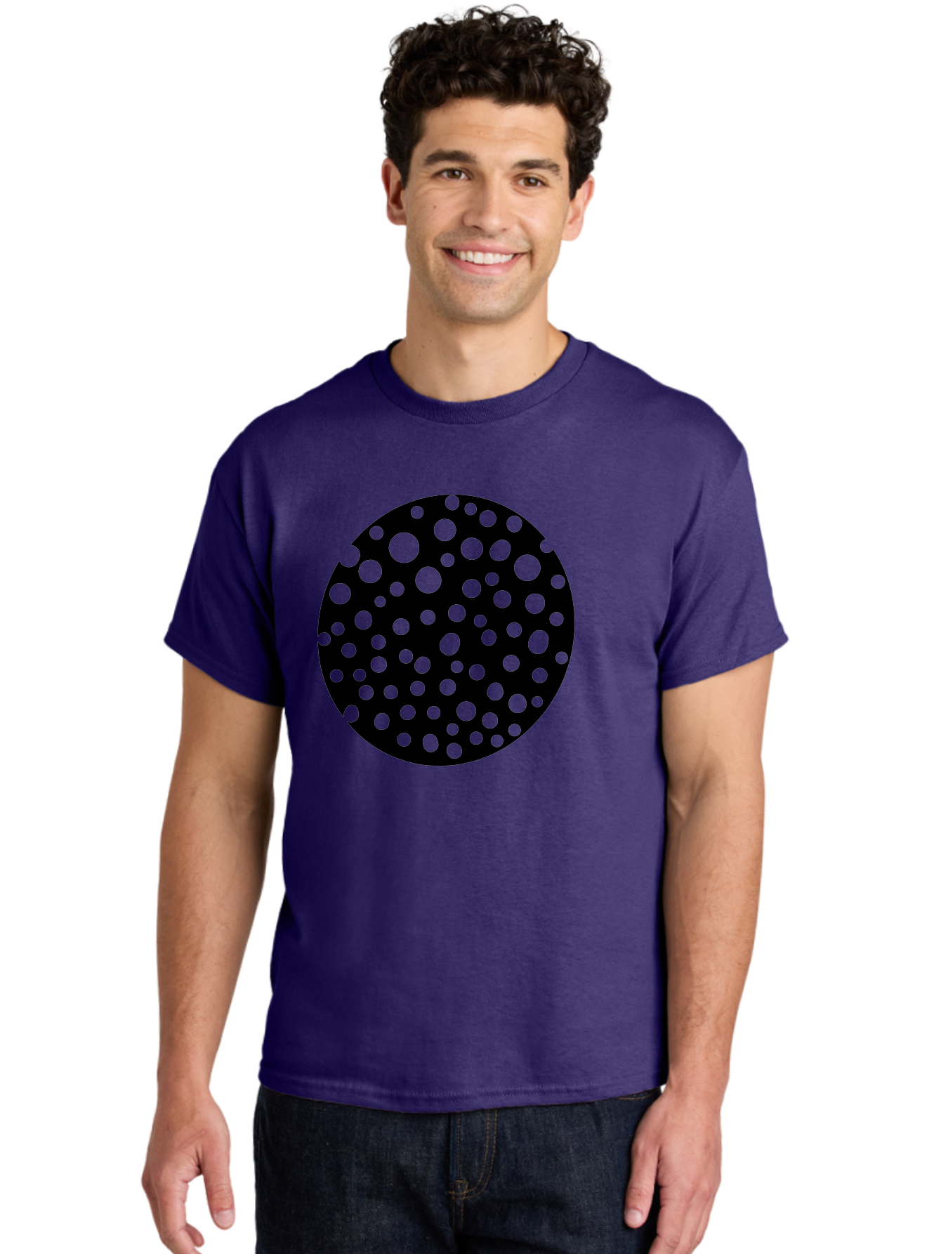 Black-Circle-With-Green-Dots Men'S Graphic Tee, 100% Cotton, Comfortable Casual Summer Wear, Machine Washable, Black Circle, Green Dots, Graphic Design, Abstract Art, Modern Pattern, Geometric Shapes, Simple Design, Bold Colors, - Aaa368