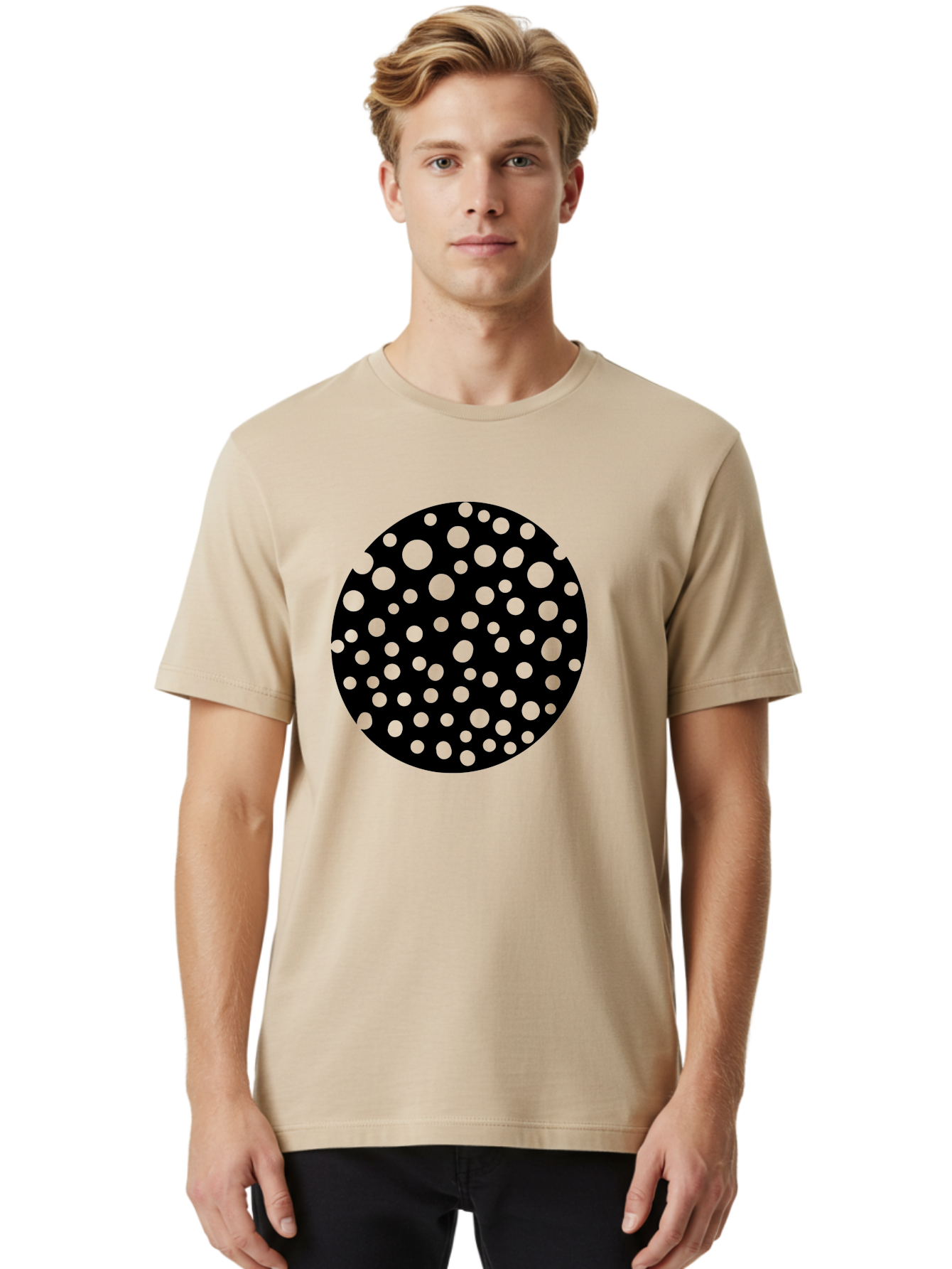 Black-Circle-With-Green-Dots Men'S Graphic Tee, 100% Cotton, Comfortable Casual Summer Wear, Machine Washable, Black Circle, Green Dots, Graphic Design, Abstract Art, Modern Pattern, Geometric Shapes, Simple Design, Bold Colors, - Aaa368