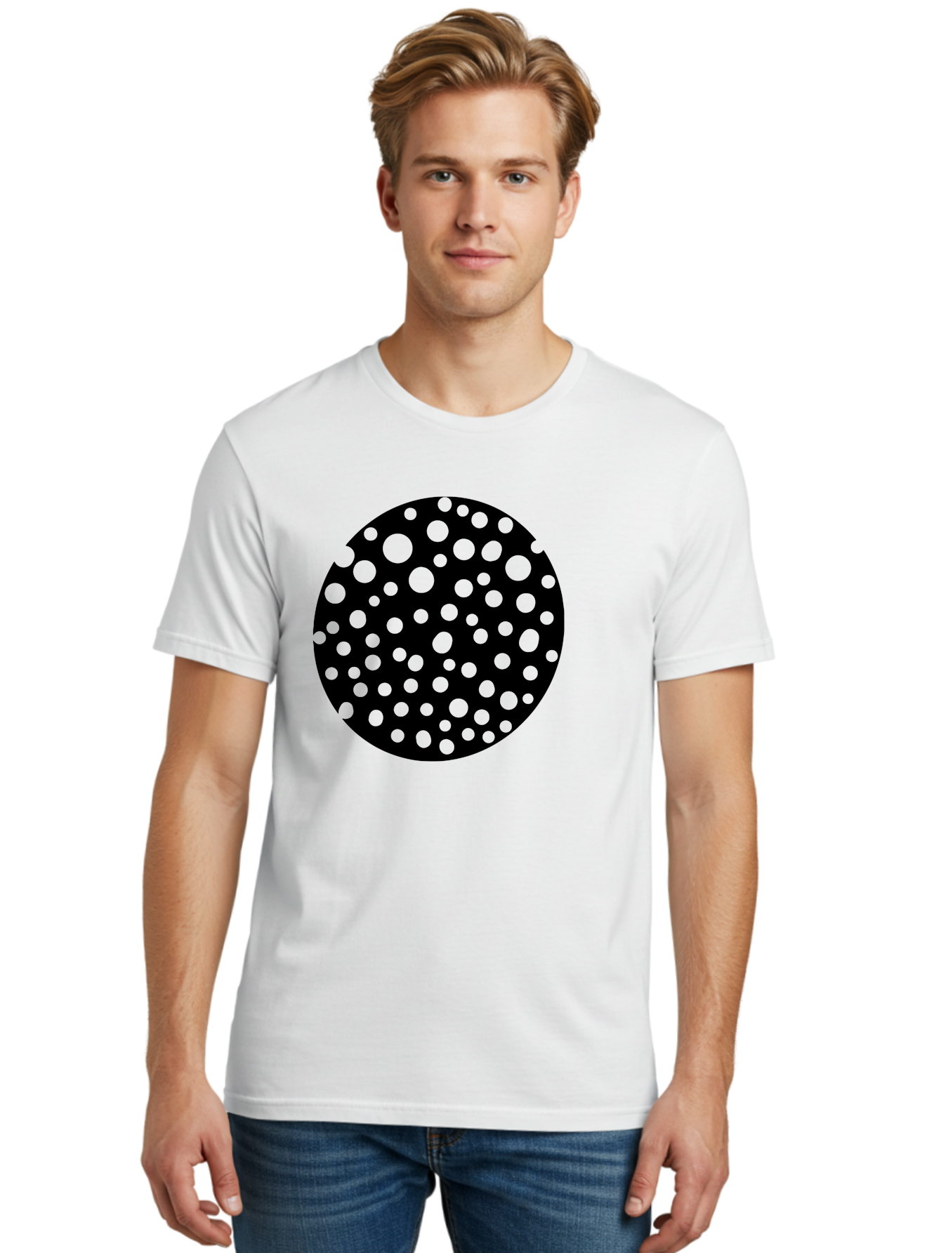 Black-Circle-With-Green-Dots Men'S Graphic Tee, 100% Cotton, Comfortable Casual Summer Wear, Machine Washable, Black Circle, Green Dots, Graphic Design, Abstract Art, Modern Pattern, Geometric Shapes, Simple Design, Bold Colors, - Aaa368