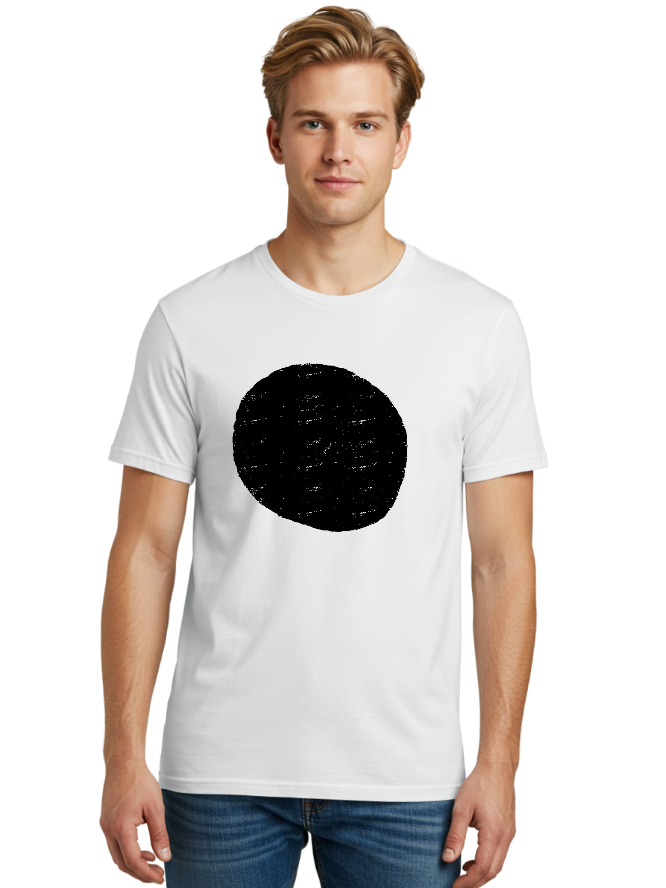 Black-Circle Men'S Graphic Tee, 100% Cotton, Comfortable Casual Summer Wear, Machine Washable, Black Circle, Abstract Shape, Digital Art, Modern Design, Minimalist Style, Geometric Figure, Simple Icon - Aaa369