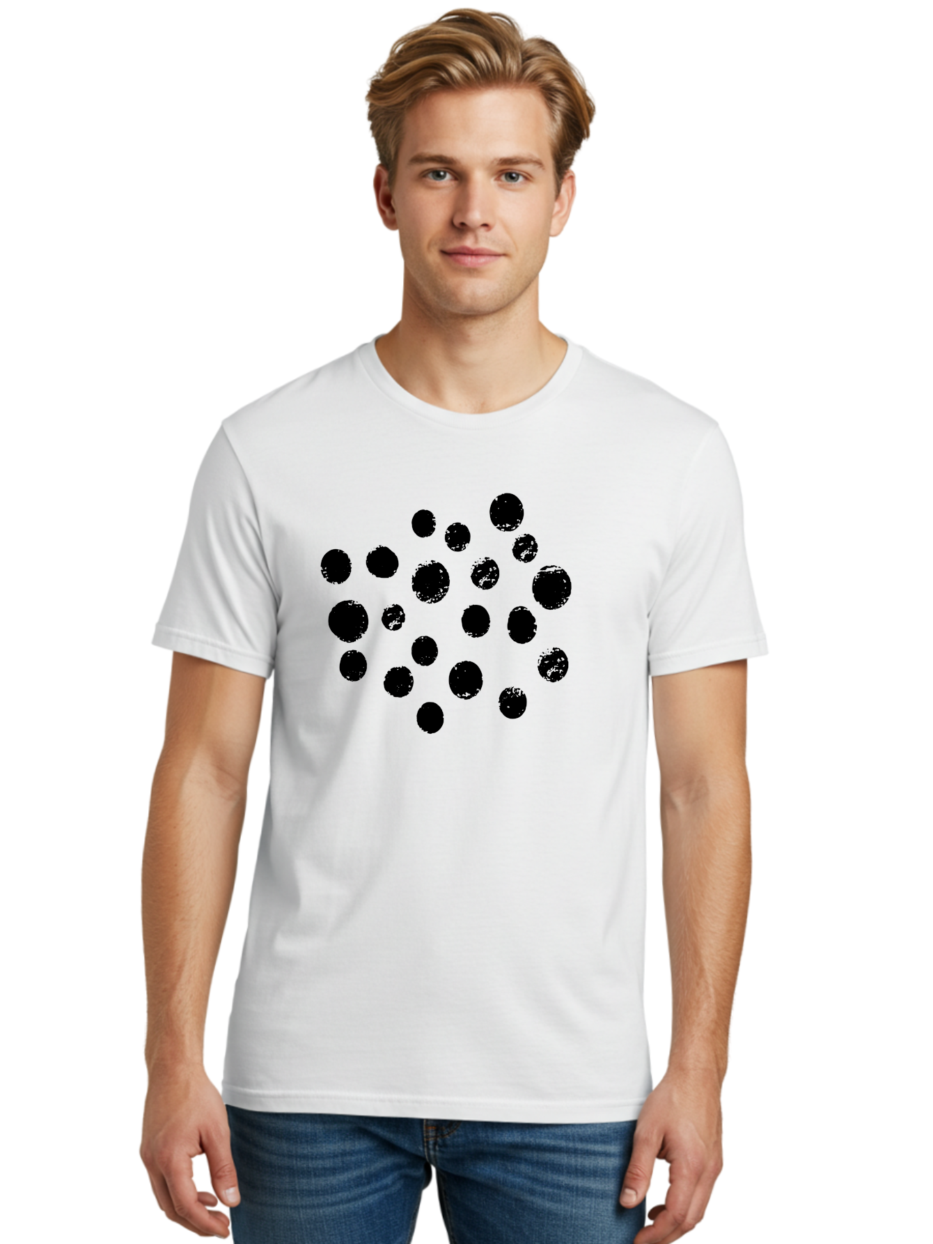 Black-Dots Men'S Graphic Tee, 100% Cotton, Comfortable Casual Summer Wear, Machine Washable, Black Dots, Scattered Dots, Round Shapes, Abstract Design, Creative Pattern, Artistic Elements, Modern Graphic, Simple Shapes - Aaa372