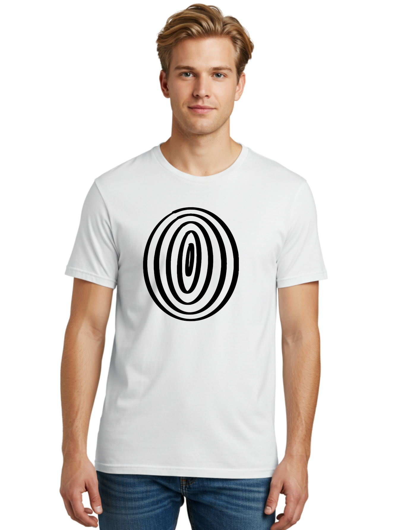 Black-Elliptical-Rings Men'S Graphic Tee, 100% Cotton, Comfortable Casual Summer Wear, Machine Washable, Concentric Circles, Abstract Art, Modern Design, Minimalist Pattern, Black Lines, Geometric Shape, Optical Illusion, Hypnotic Effect - Aaa374