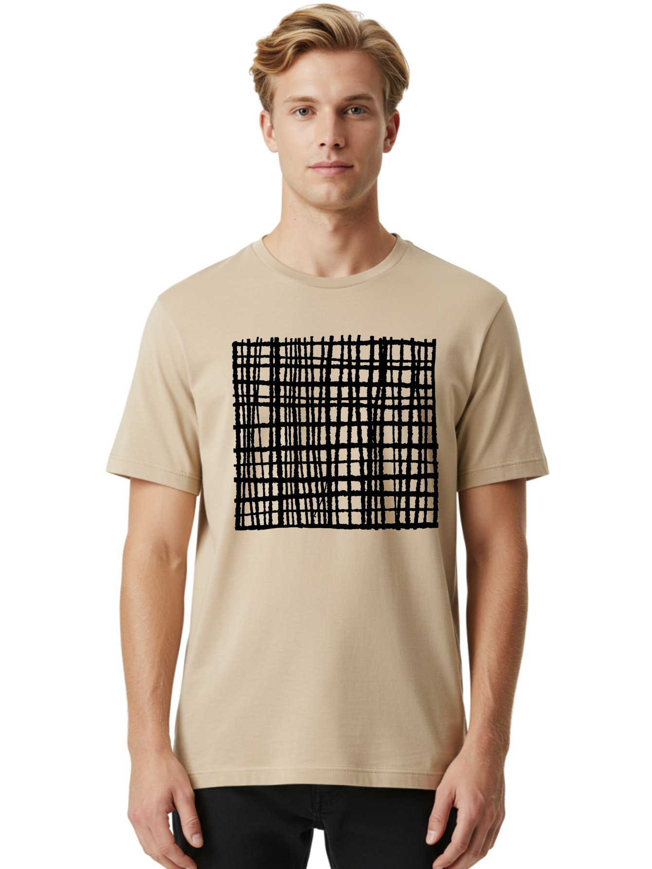 Black-Grid Men'S Graphic Tee, 100% Cotton, Comfortable Casual Summer Wear, Machine Washable, Black Grid Pattern, Graphic Design, Abstract Art, Geometric Shape, Modern Style, Contemporary Design, Grid Texture - Aaa376