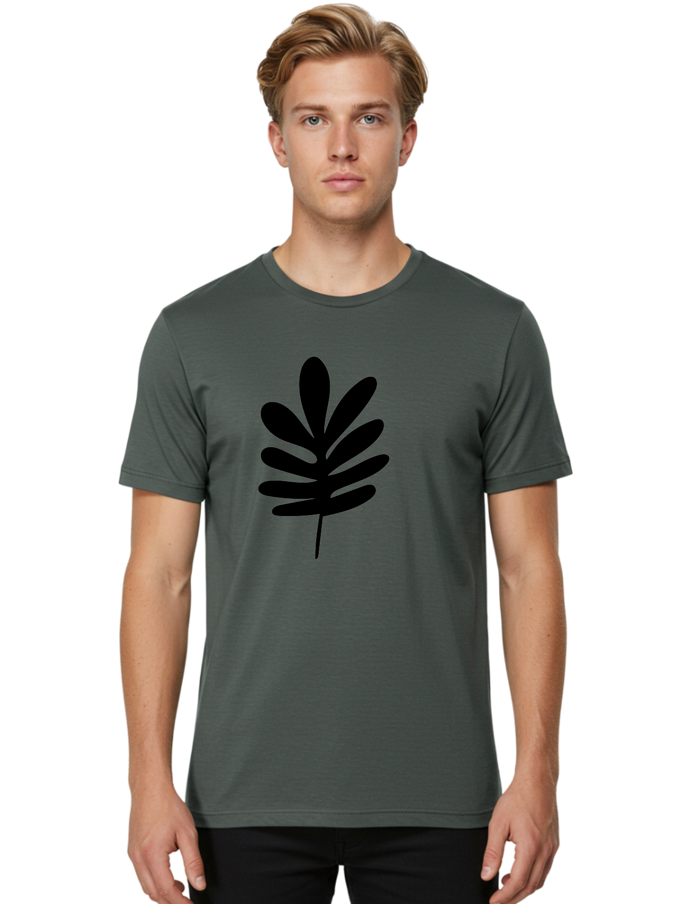 Black-Leaf-1 Men'S Graphic Tee, 100% Cotton, Comfortable Casual Summer Wear, Machine Washable, Schefflera Leaf, Black Silhouette, Minimalist Design, Simple Leaf, Foliage Icon, Botanical Graphic, Modern Art, Leaf Illustration - Aaa377