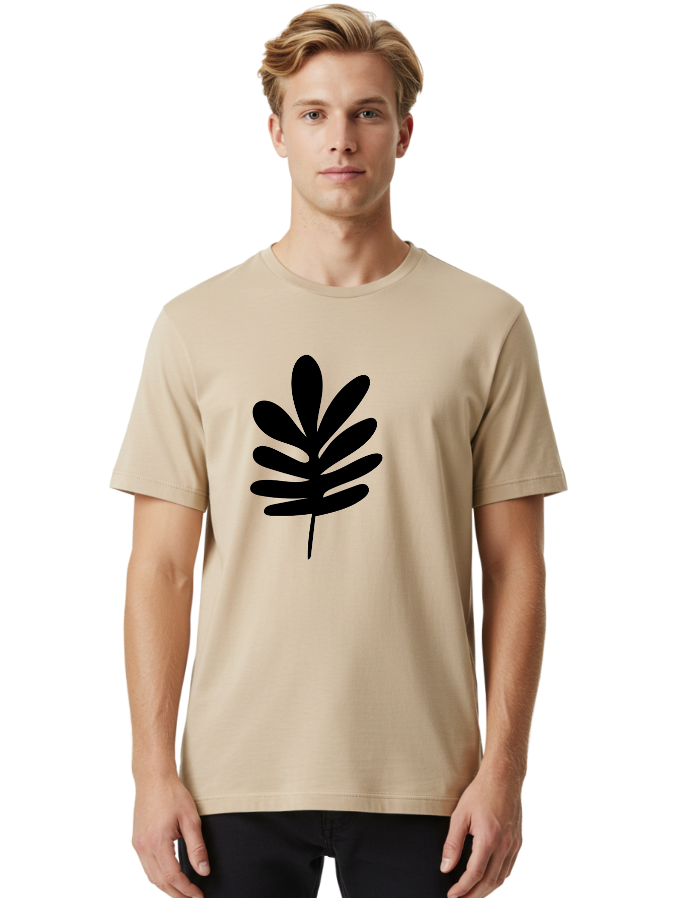 Black-Leaf-1 Men'S Graphic Tee, 100% Cotton, Comfortable Casual Summer Wear, Machine Washable, Schefflera Leaf, Black Silhouette, Minimalist Design, Simple Leaf, Foliage Icon, Botanical Graphic, Modern Art, Leaf Illustration - Aaa377
