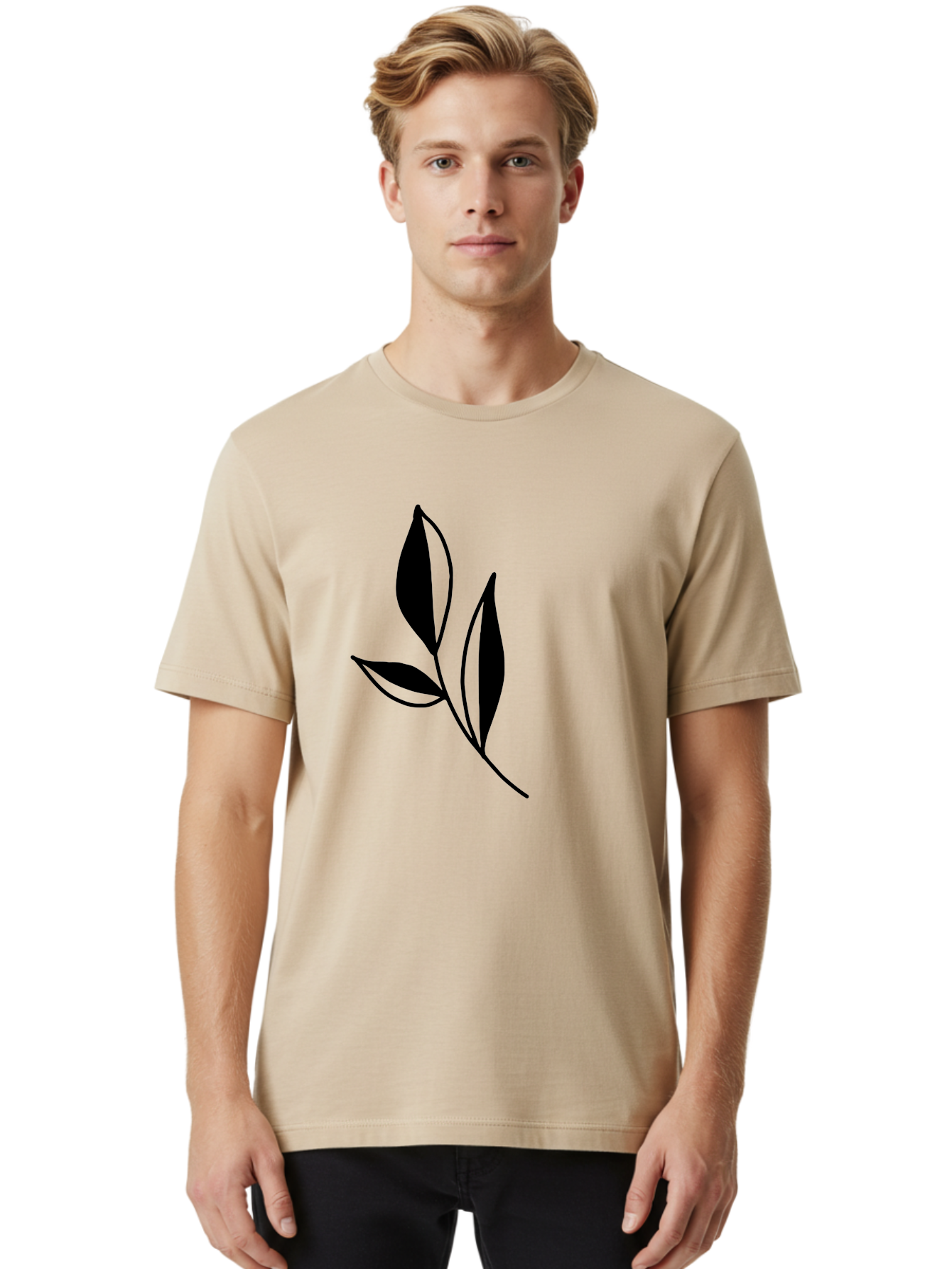Black-Leaf Men'S Graphic Tee, 100% Cotton, Comfortable Casual Summer Wear, Machine Washable, Simple Leaf Design, Black Leaves, Minimalist Art, Nature Inspired, Botanical Illustration, Elegant Graphics, Leaf Silhouette - Aaa379