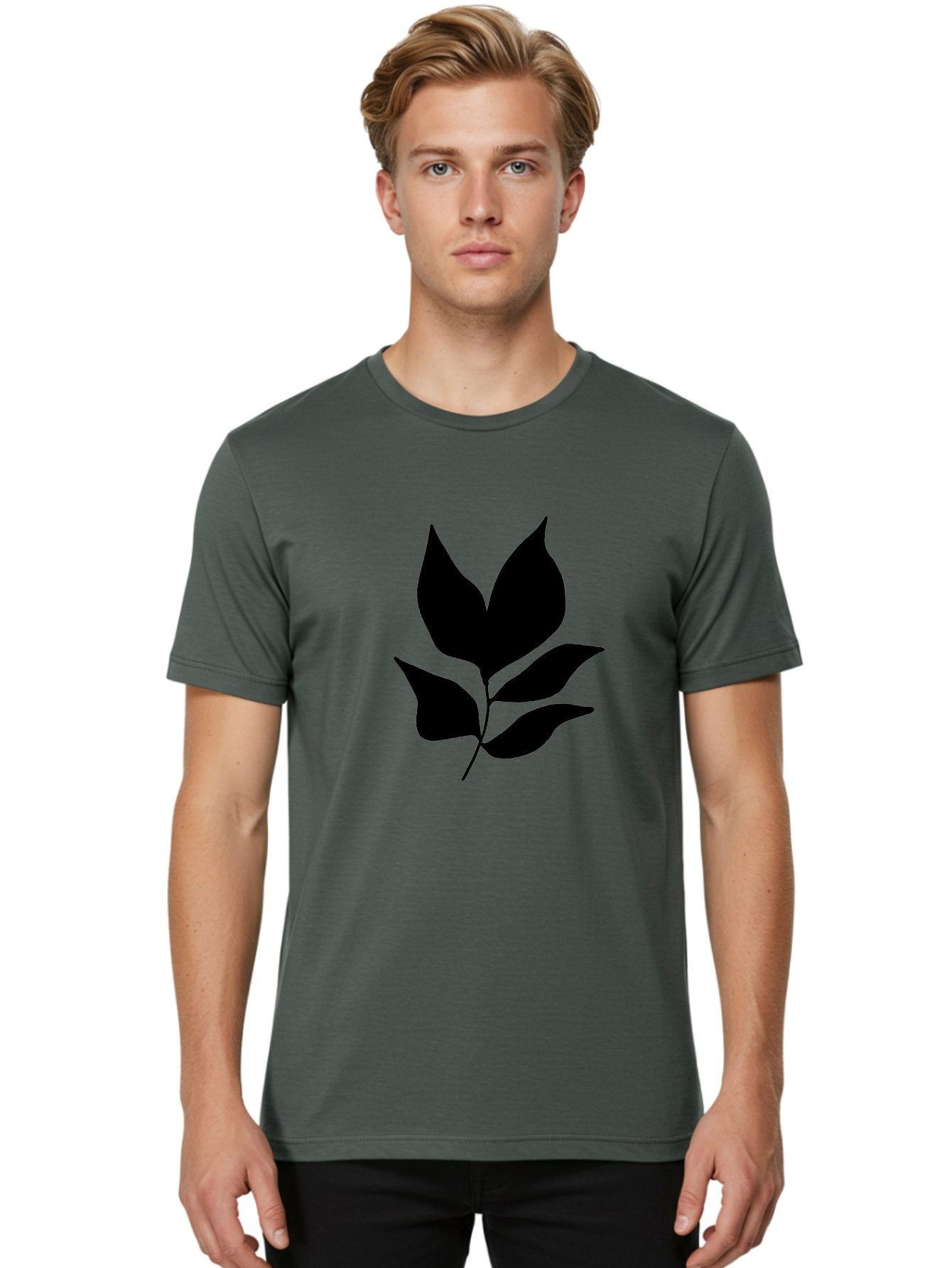 Black-Leaves-1 Men'S Graphic Tee, 100% Cotton, Comfortable Casual Summer Wear, Machine Washable, Five Leaves On Stem, Black Silhouette, Simple Design, Elegant Graphics, Minimalist Art, Leaf Icon, Nature-Inspired - Aaa380