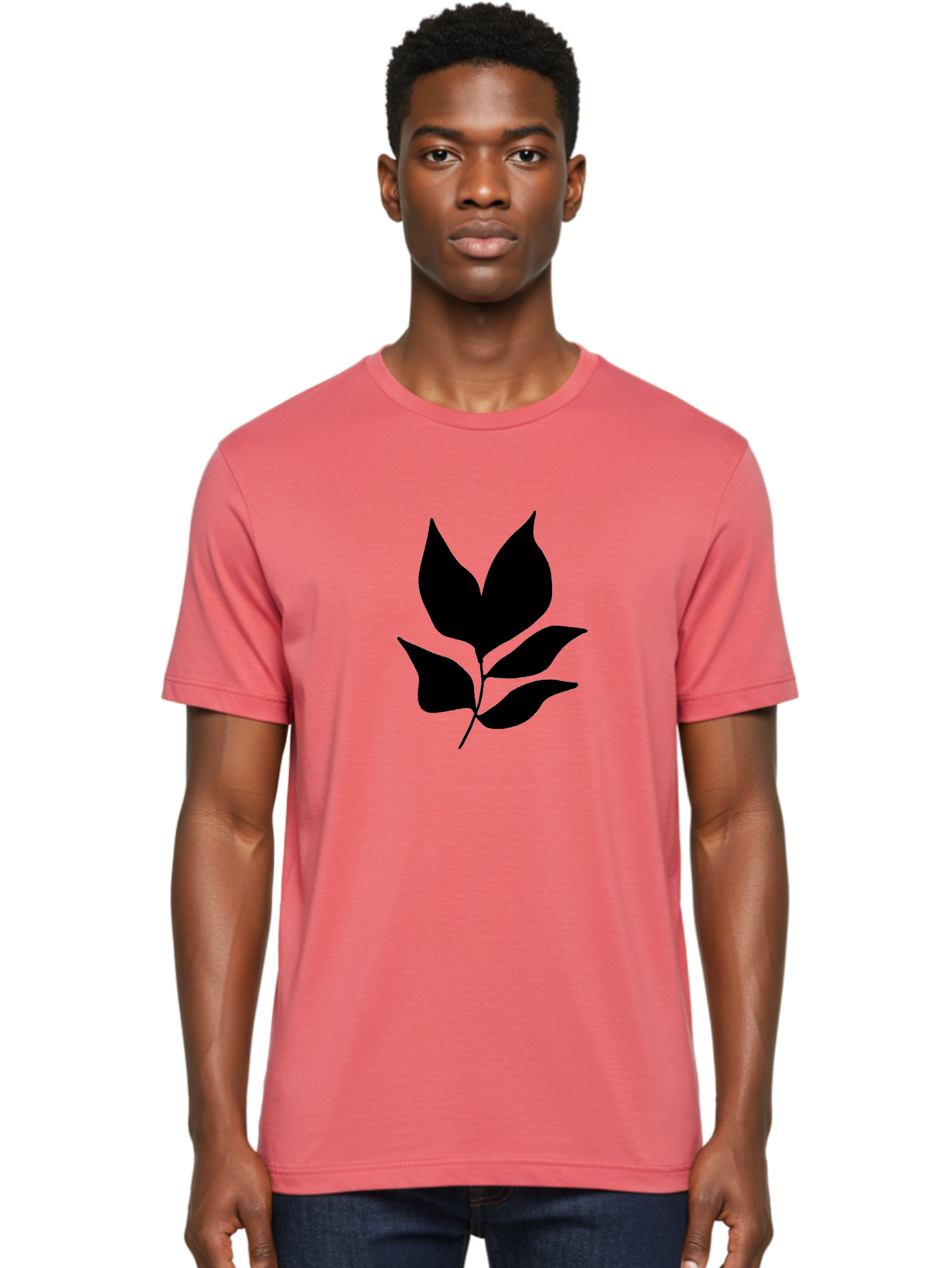 Black-Leaves-1 Men'S Graphic Tee, 100% Cotton, Comfortable Casual Summer Wear, Machine Washable, Five Leaves On Stem, Black Silhouette, Simple Design, Elegant Graphics, Minimalist Art, Leaf Icon, Nature-Inspired - Aaa380