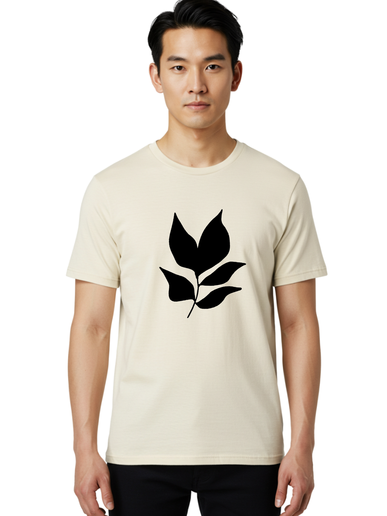 Black-Leaves-1 Men'S Graphic Tee, 100% Cotton, Comfortable Casual Summer Wear, Machine Washable, Five Leaves On Stem, Black Silhouette, Simple Design, Elegant Graphics, Minimalist Art, Leaf Icon, Nature-Inspired - Aaa380