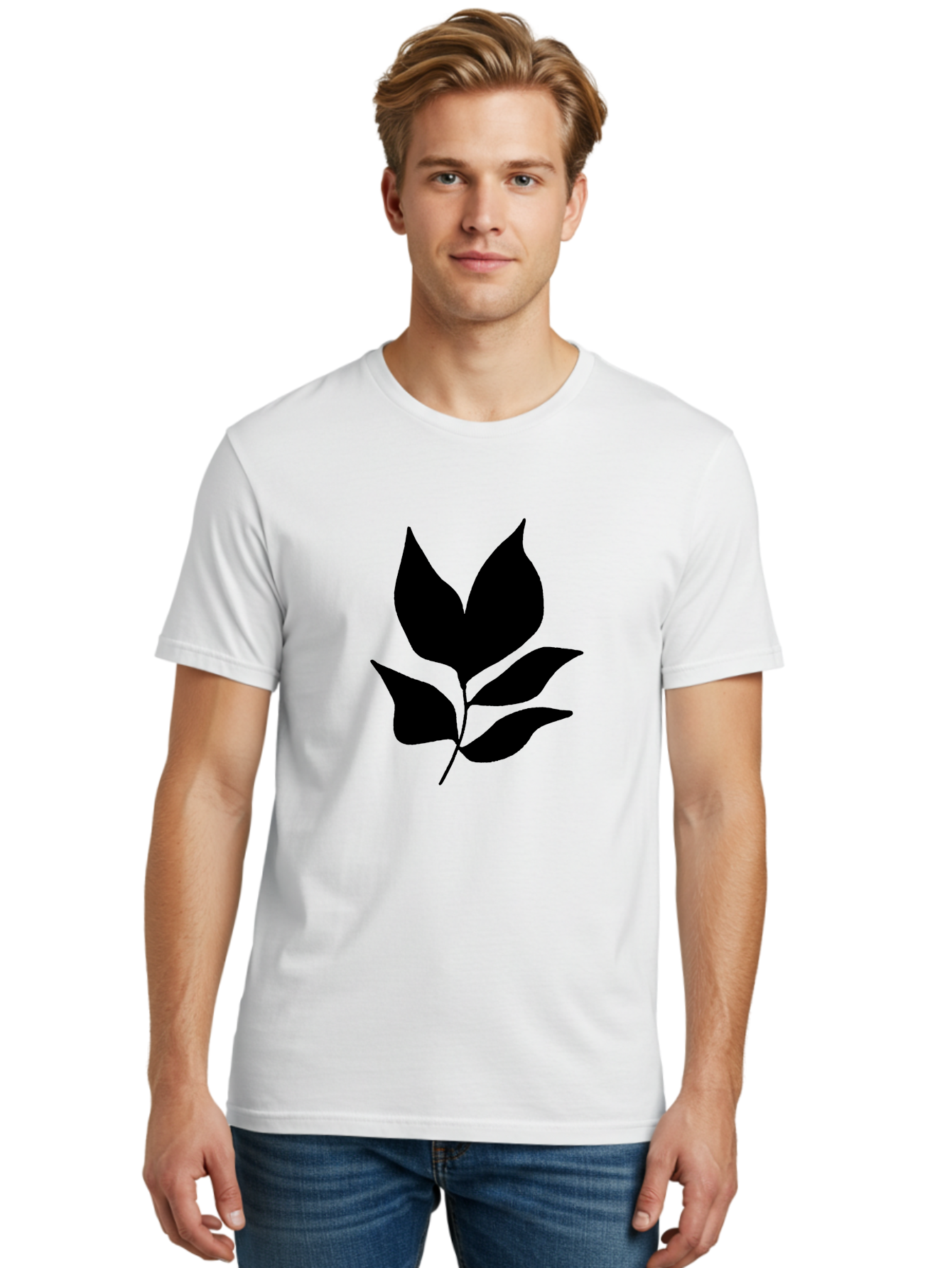 Black-Leaves-1 Men'S Graphic Tee, 100% Cotton, Comfortable Casual Summer Wear, Machine Washable, Five Leaves On Stem, Black Silhouette, Simple Design, Elegant Graphics, Minimalist Art, Leaf Icon, Nature-Inspired - Aaa380