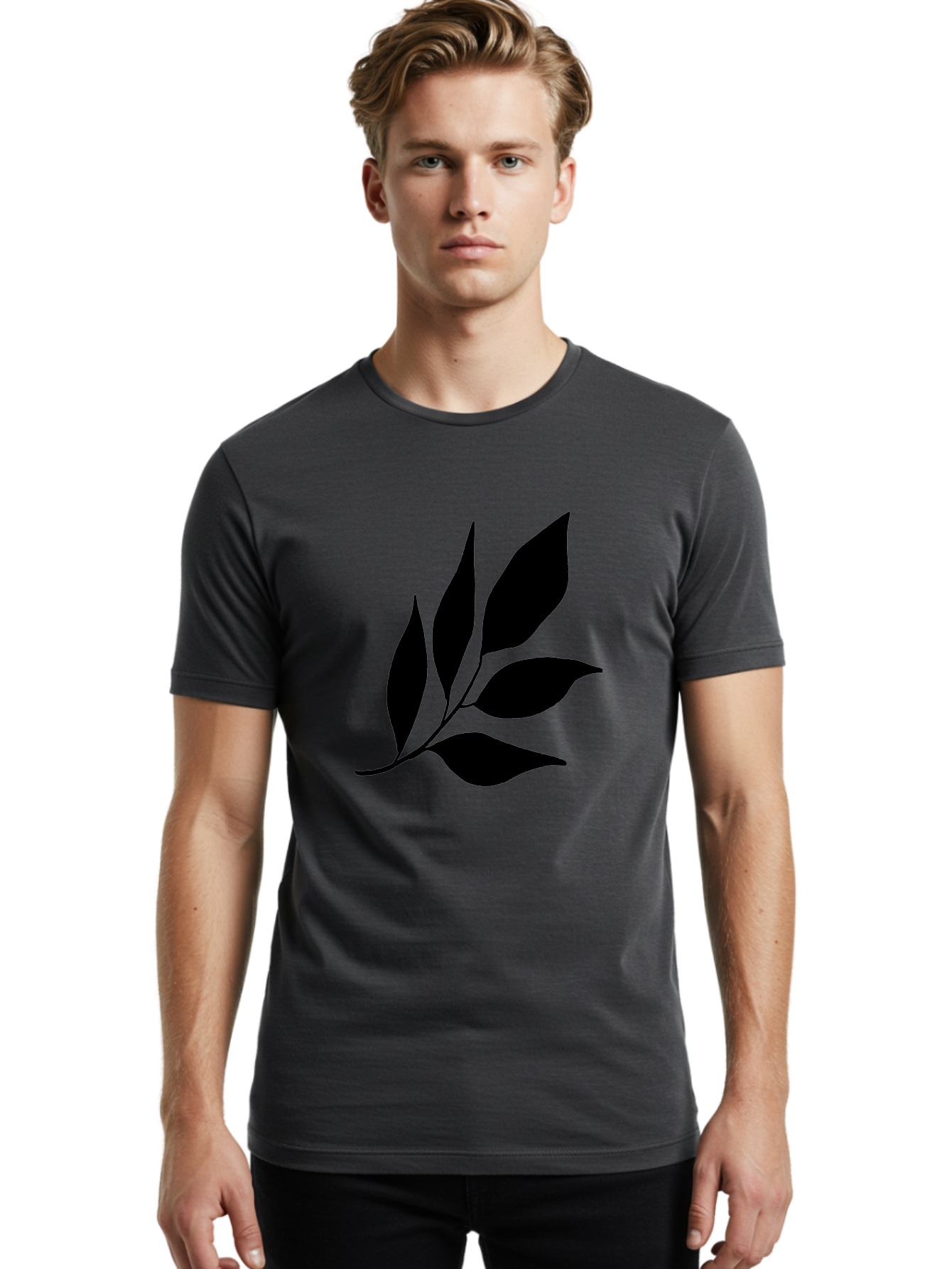 Black-Leaves-3 Men'S Graphic Tee, 100% Cotton, Comfortable Casual Summer Wear, Machine Washable, Black Leaves, Leafy Branch, Natural Elements, Simple Graphics, Minimalist Design, Leaf Silhouette, Botanical Illustration - Aaa382