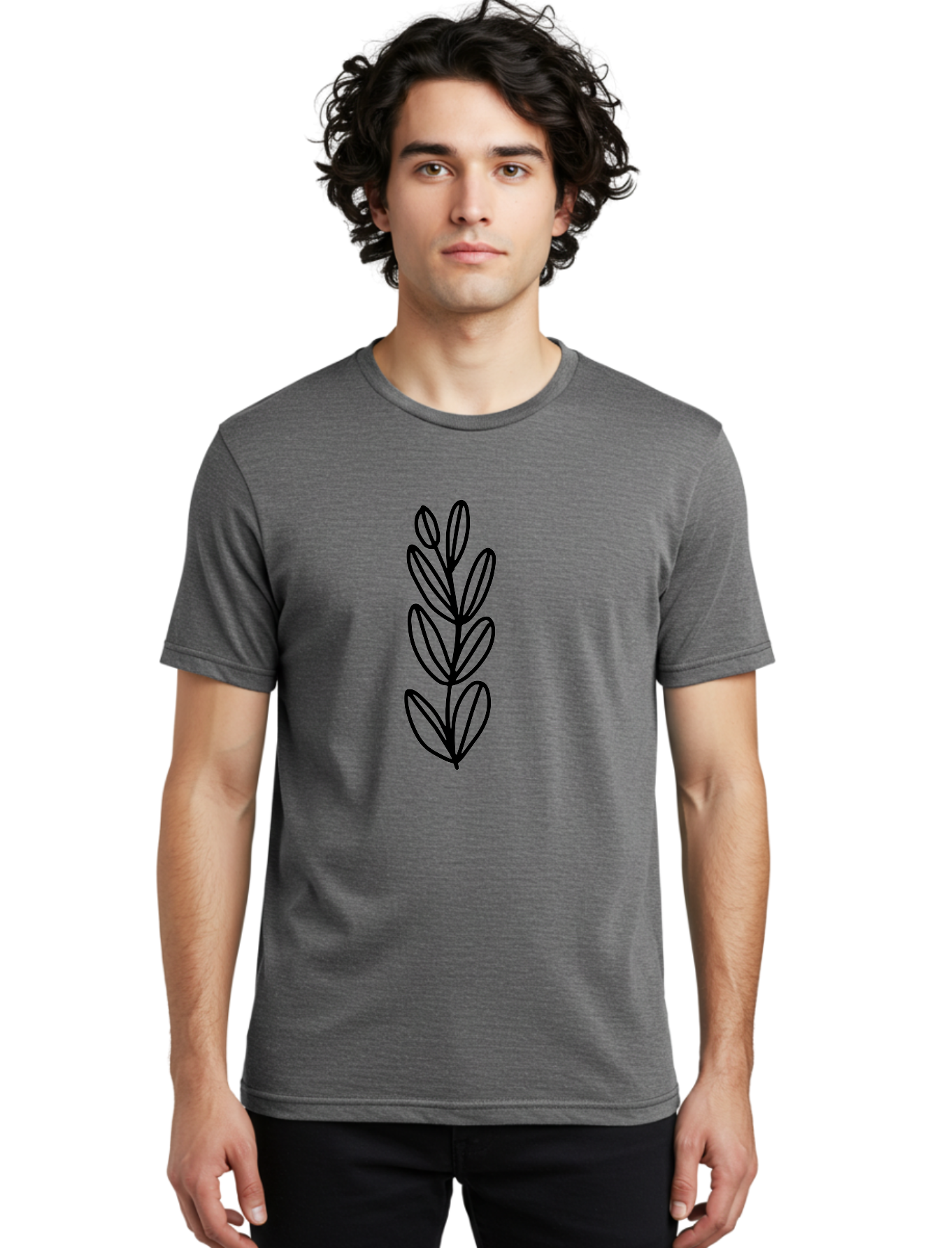 Black-Leaves Men'S Graphic Tee, 100% Cotton, Comfortable Casual Summer Wear, Machine Washable, Simple Plant Illustration, Minimalist Design, Black Outline, Leafy Greens, Botanical Art, Modern Simplicity, Graphic Design Element - Aaa384