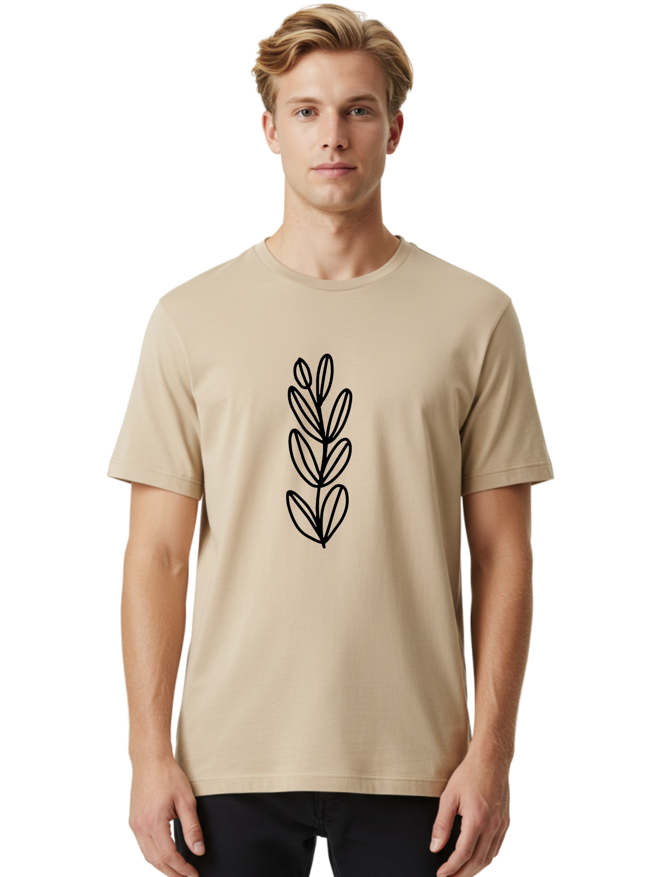 Black-Leaves Men'S Graphic Tee, 100% Cotton, Comfortable Casual Summer Wear, Machine Washable, Simple Plant Illustration, Minimalist Design, Black Outline, Leafy Greens, Botanical Art, Modern Simplicity, Graphic Design Element - Aaa384