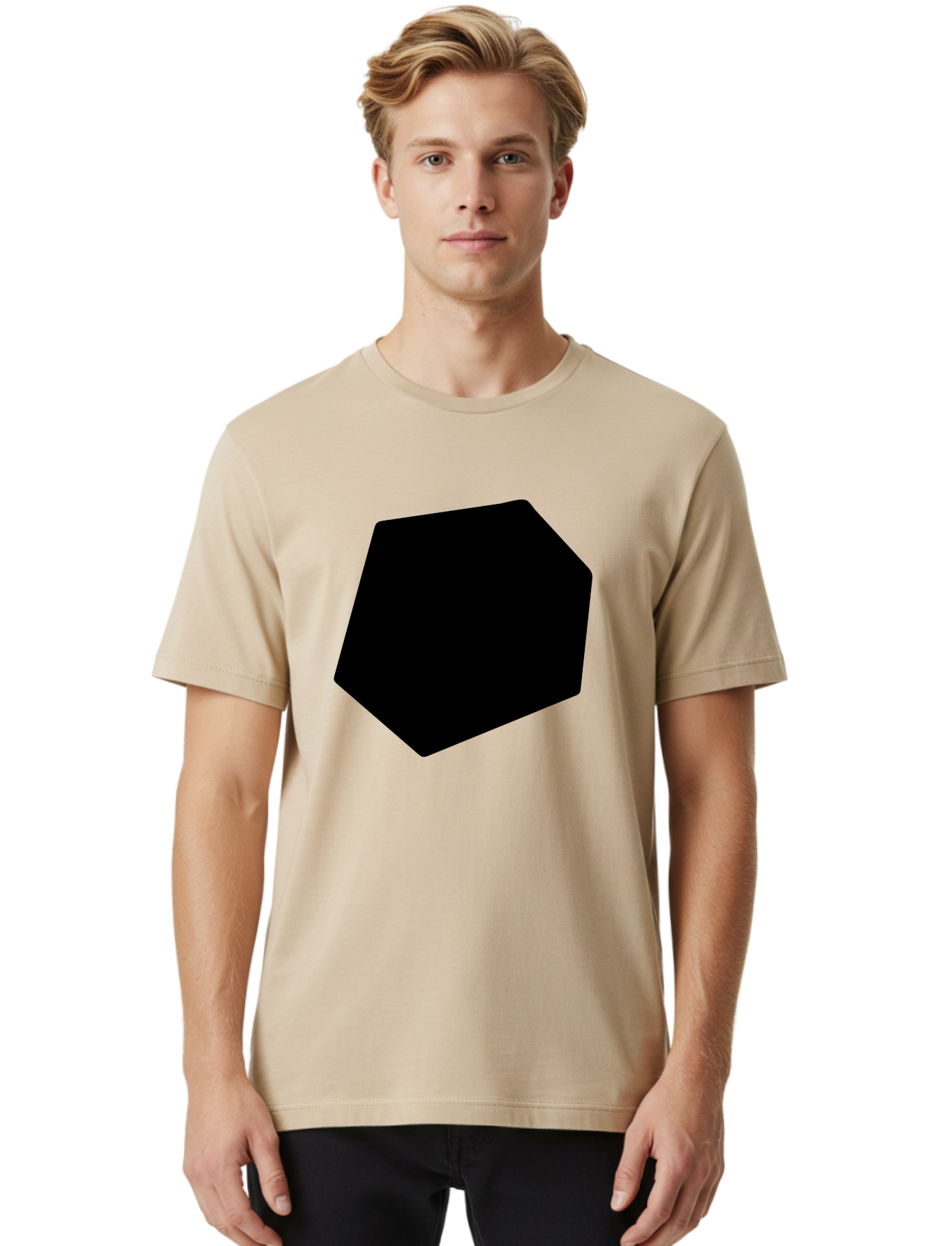Black-Pentagon Men'S Graphic Tee, 100% Cotton, Comfortable Casual Summer Wear, Machine Washable, Black Heptagon, Geometric Shape, Abstract Design, Minimalist Art, Seven-Sided Polygon, Bold Graphics, Modern Simplicity - Aaa389