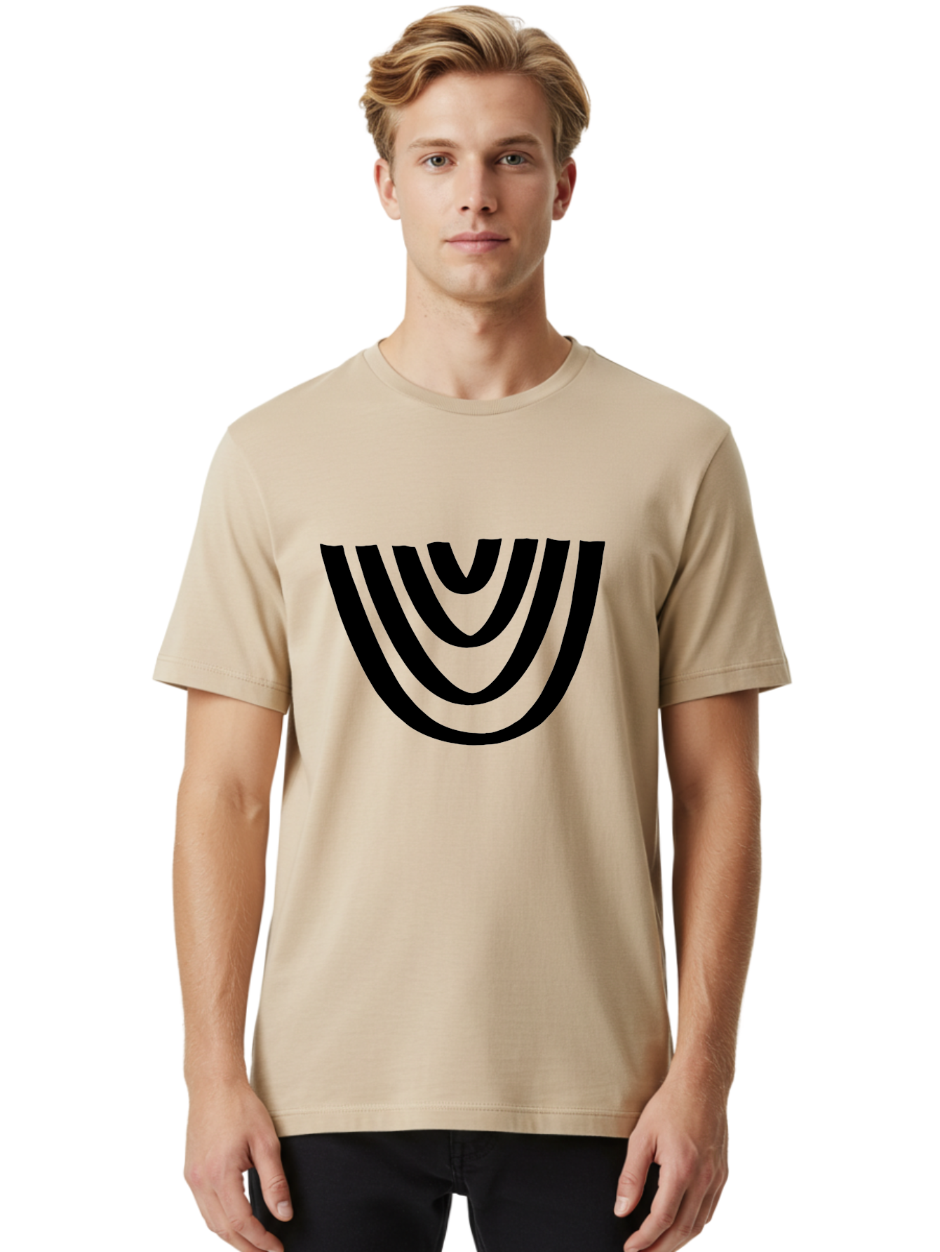 Black-U-Shaped-Lines Men'S Graphic Tee, 100% Cotton, Comfortable Casual Summer Wear, Machine Washable, Curved Lines, Abstract Design, Black Lines, Layered Effect, Modern Art, Geometric Pattern, Minimalistic Style - Aaa398