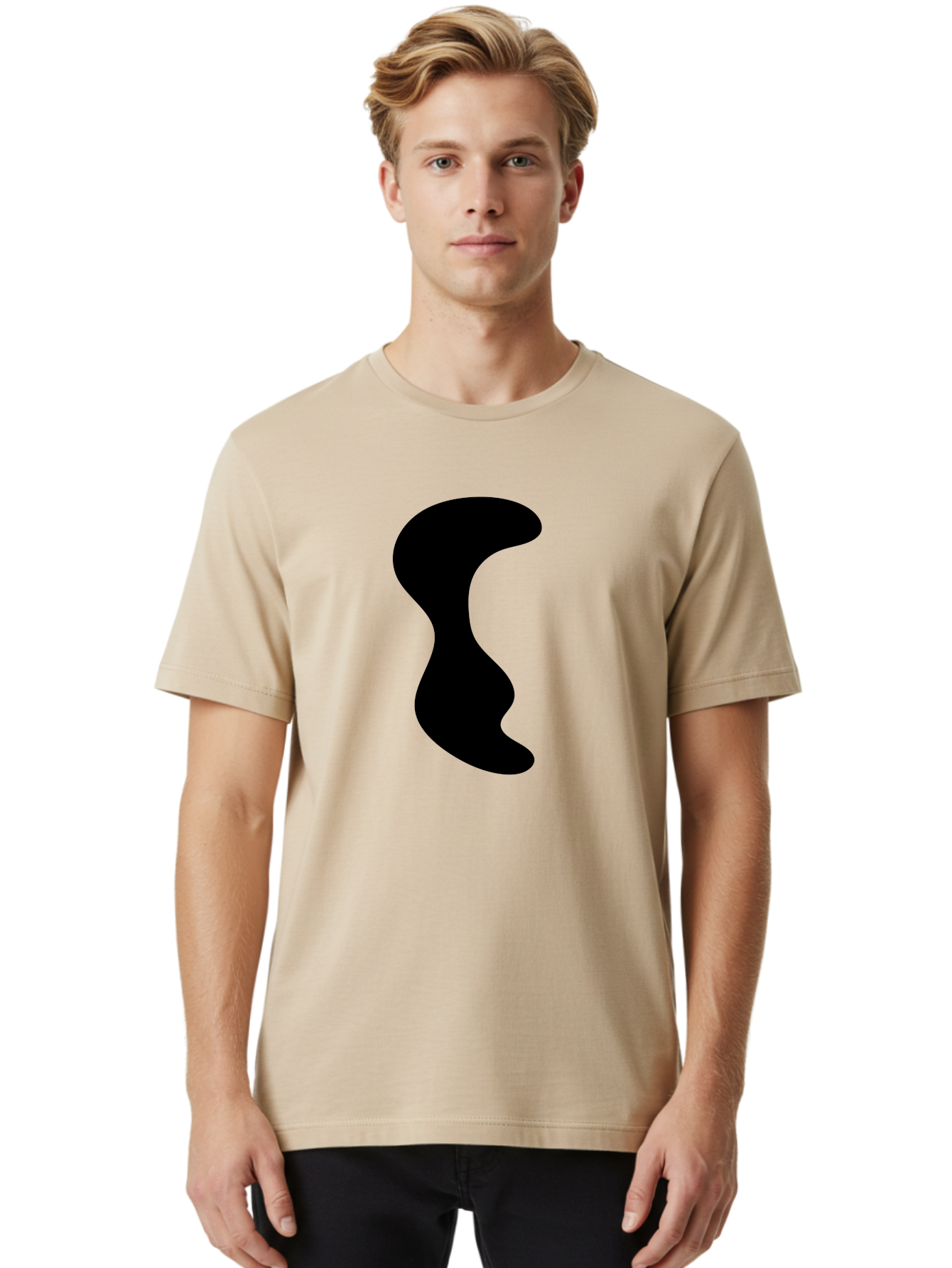 Black-Wavy-Shape Men'S Graphic Tee, 100% Cotton, Comfortable Casual Summer Wear, Machine Washable, Abstract Black Shape, Fluid Design, Modern Art, Sleek Silhouette, Minimalist Graphics, Dynamic Curve - Aaa399
