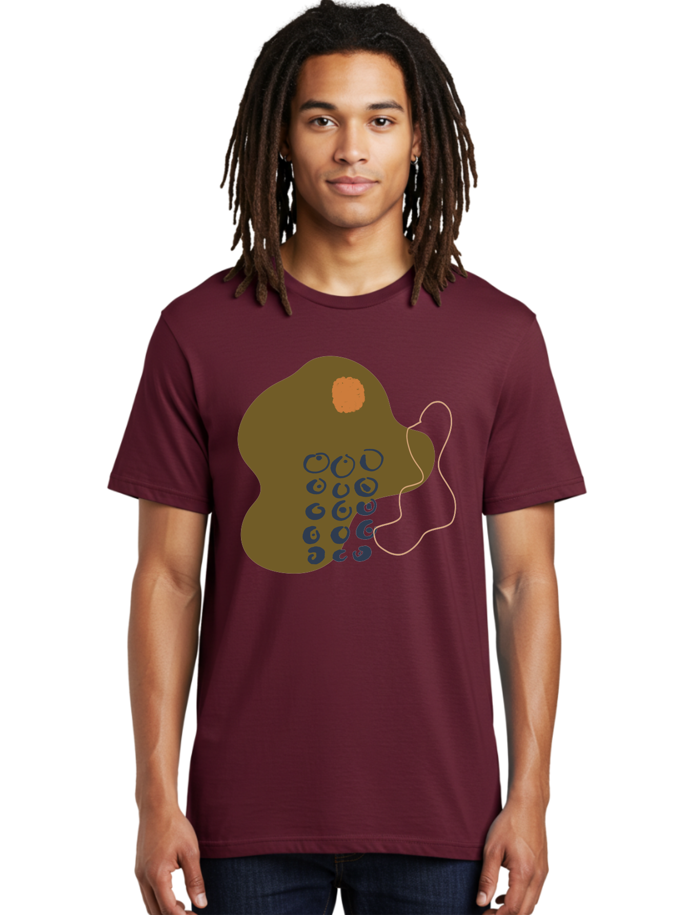 Brown-Blob Men'S Graphic Tee, 100% Cotton, Comfortable Casual Summer Wear, Machine Washable, Abstract Art, Modern Design, Blue Circles, Brown Blob, Irregular Shape, Creative Expression, Digital Illustration, Unique Pattern - Aaa403