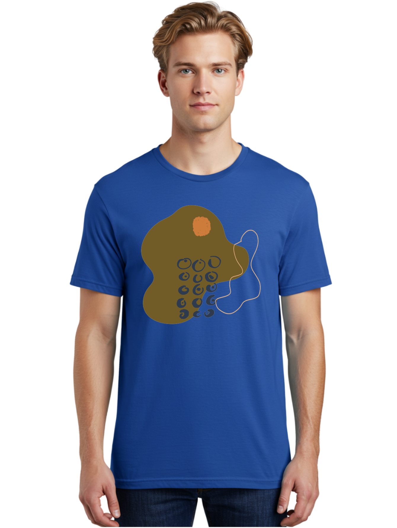 Brown-Blob Men'S Graphic Tee, 100% Cotton, Comfortable Casual Summer Wear, Machine Washable, Abstract Art, Modern Design, Blue Circles, Brown Blob, Irregular Shape, Creative Expression, Digital Illustration, Unique Pattern - Aaa403