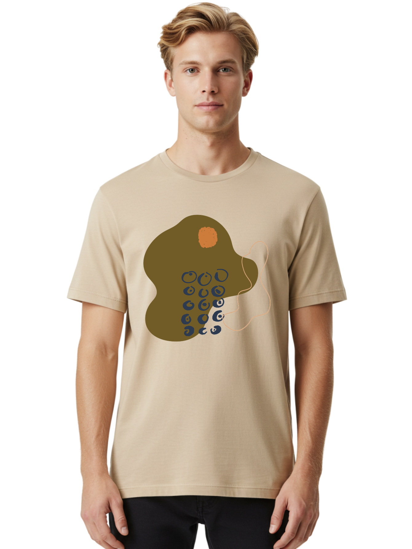 Brown-Blob Men'S Graphic Tee, 100% Cotton, Comfortable Casual Summer Wear, Machine Washable, Abstract Art, Modern Design, Blue Circles, Brown Blob, Irregular Shape, Creative Expression, Digital Illustration, Unique Pattern - Aaa403