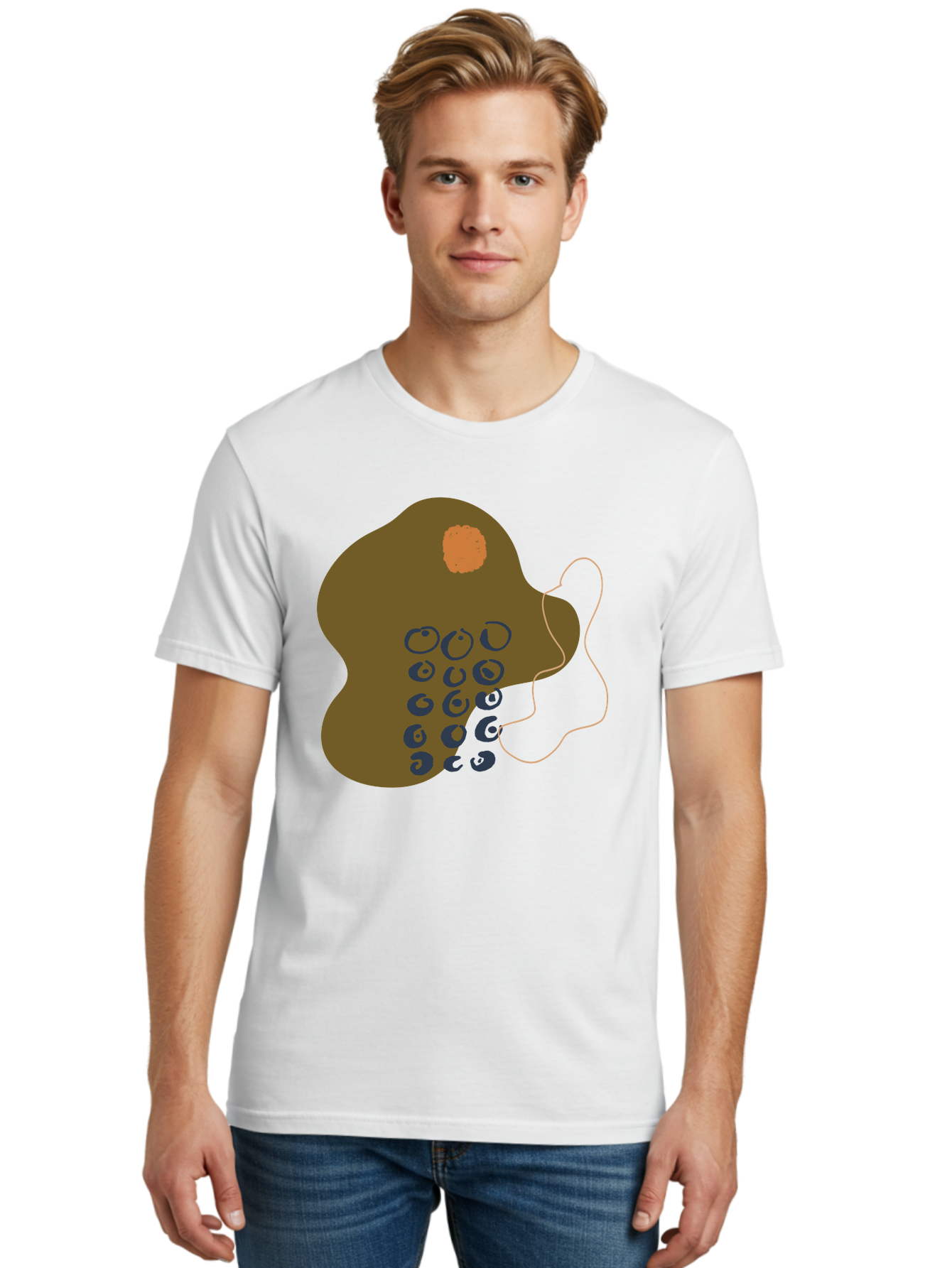 Brown-Blob Men'S Graphic Tee, 100% Cotton, Comfortable Casual Summer Wear, Machine Washable, Abstract Art, Modern Design, Blue Circles, Brown Blob, Irregular Shape, Creative Expression, Digital Illustration, Unique Pattern - Aaa403