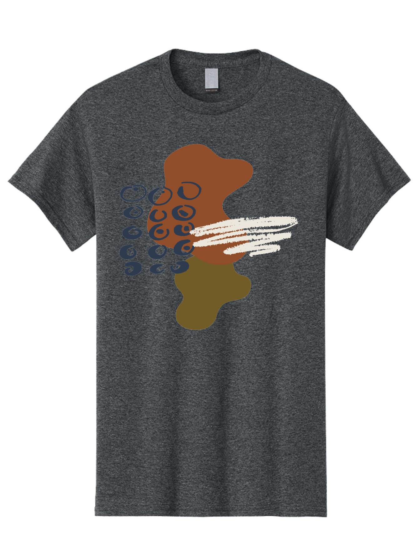 Brown-Shape-With-Swirls-And-Lines Men'S Graphic Tee, 100% Cotton, Comfortable Casual Summer Wear, Machine Washable, Brown Abstract Shape, Swirling Patterns, White Streaks, Blue Circles, Artistic Expression, Creative Design, Digital Art, - Aaa404