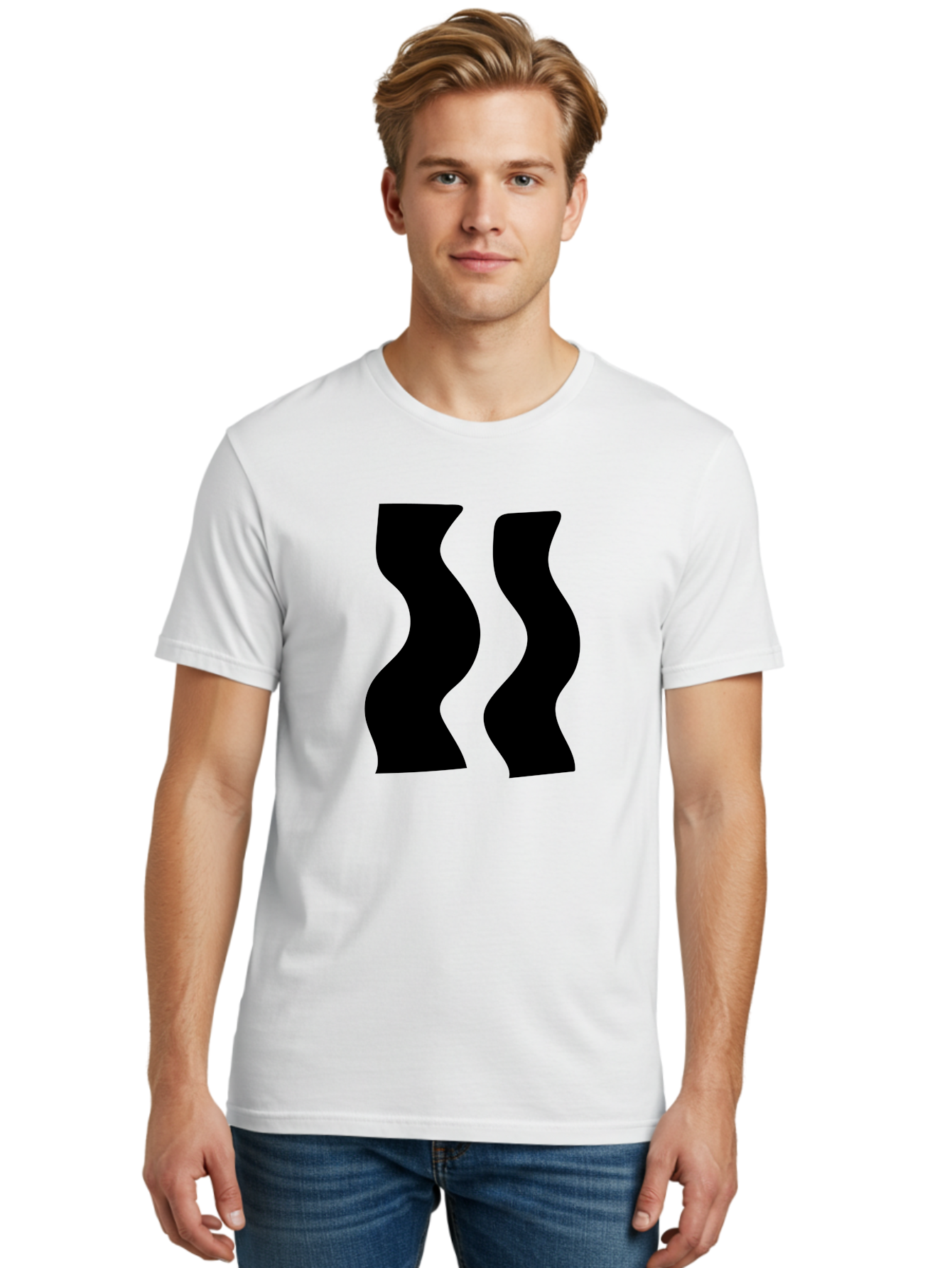 Double-S Men'S Graphic Tee, 100% Cotton, Comfortable Casual Summer Wear, Machine Washable, Wavy Silhouettes, Black Shapes, Abstract Design, Modern Art, Sleek Pattern, Contemporary Style, Graphic Illustration - Aaa424