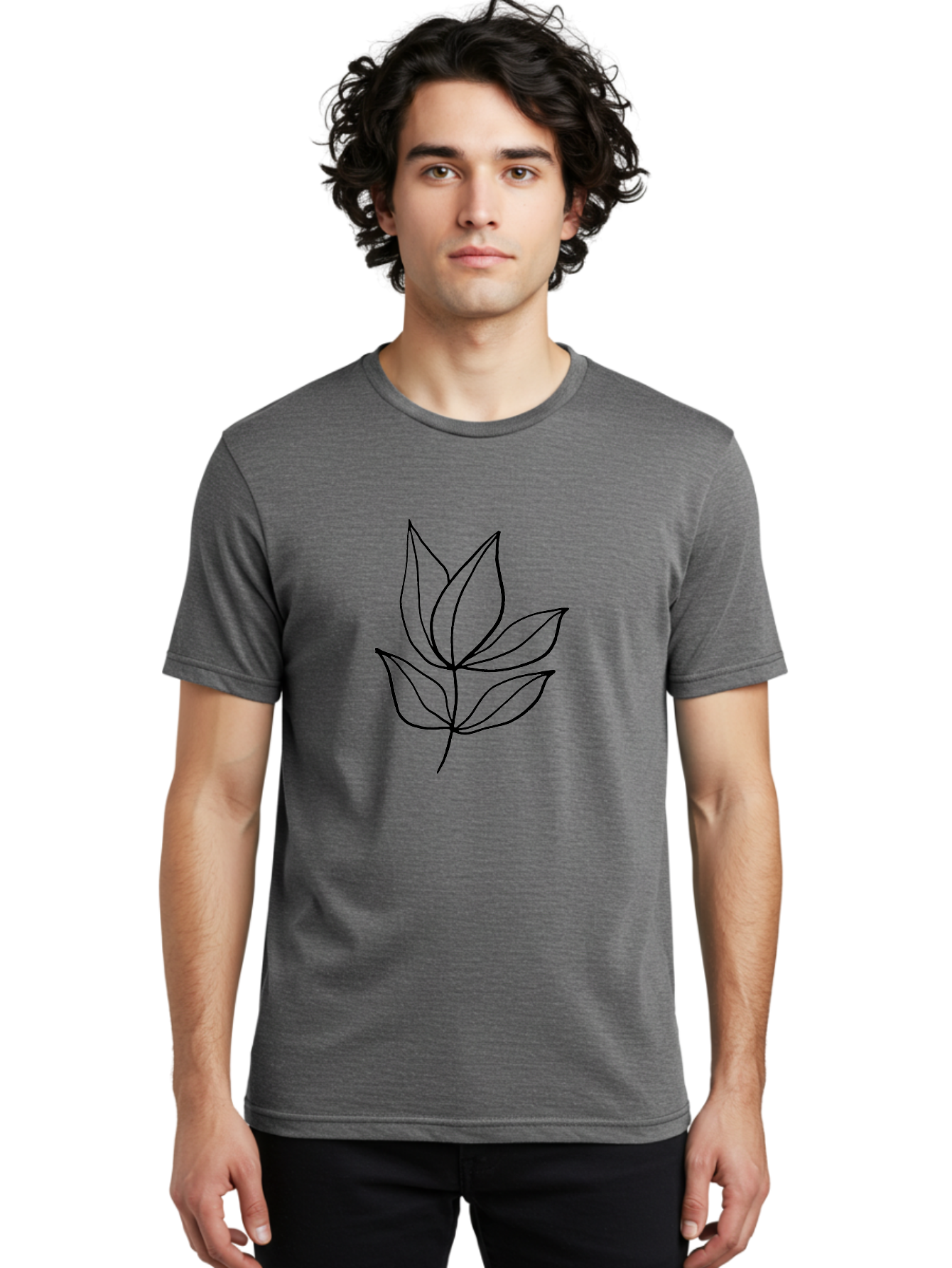 Five-Leaves Men'S Graphic Tee, 100% Cotton, Comfortable Casual Summer Wear, Machine Washable, Simple Leaf Illustration, Minimalist Design, Black Outline, Leaf Art, Nature-Inspired Graphics, Botanical Illustration, Modern Simplicity - Aaa431