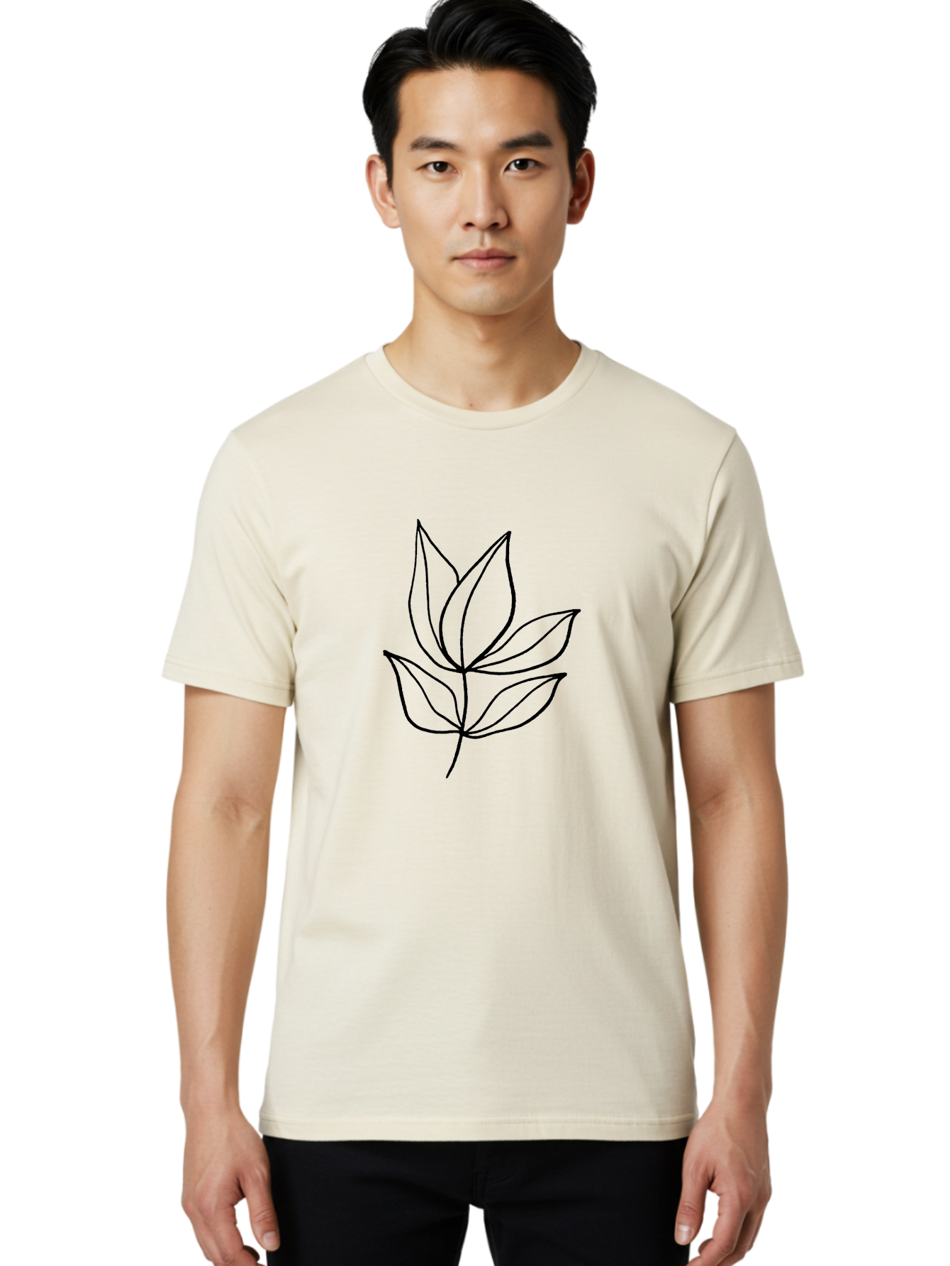 Five-Leaves Men'S Graphic Tee, 100% Cotton, Comfortable Casual Summer Wear, Machine Washable, Simple Leaf Illustration, Minimalist Design, Black Outline, Leaf Art, Nature-Inspired Graphics, Botanical Illustration, Modern Simplicity - Aaa431