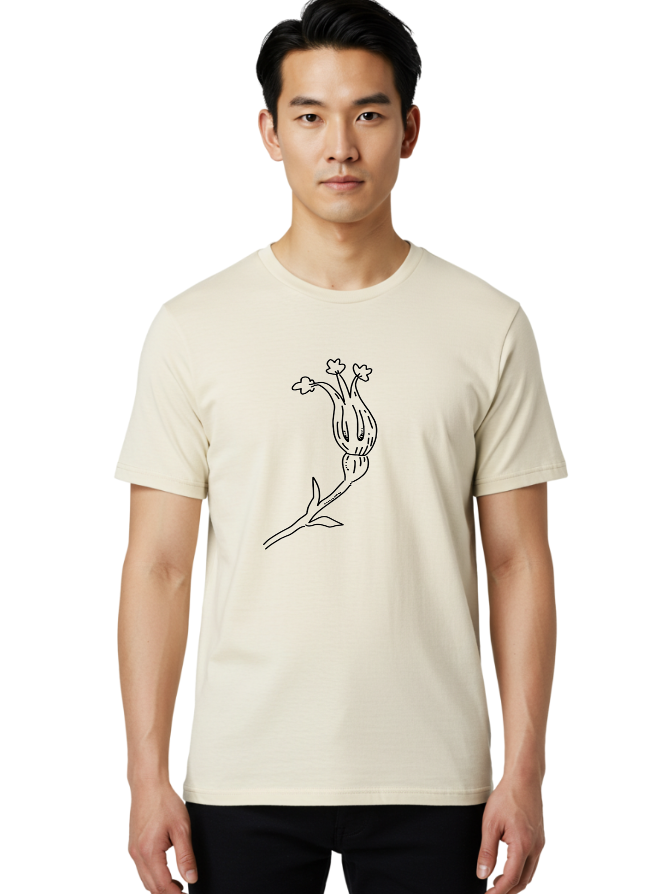 Flower-Illustration Men'S Graphic Tee, 100% Cotton, Comfortable Casual Summer Wear, Machine Washable, Simple Flower Drawing, Minimalist Art, Black Outline, Stylized Blooms, Hand-Drawn Illustration, Floral Design, Cartoon Flower - Aaa433