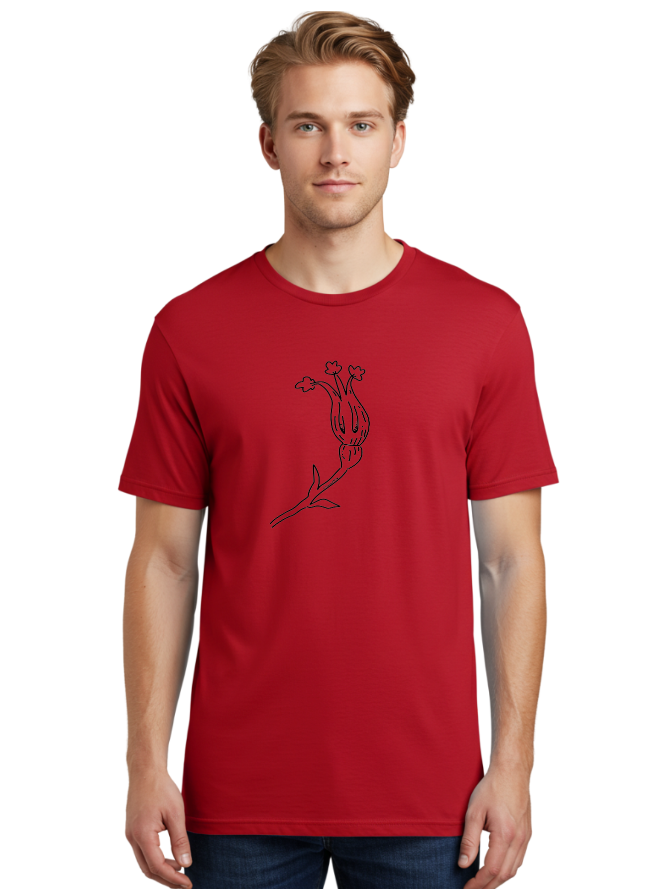 Flower-Illustration Men'S Graphic Tee, 100% Cotton, Comfortable Casual Summer Wear, Machine Washable, Simple Flower Drawing, Minimalist Art, Black Outline, Stylized Blooms, Hand-Drawn Illustration, Floral Design, Cartoon Flower - Aaa433