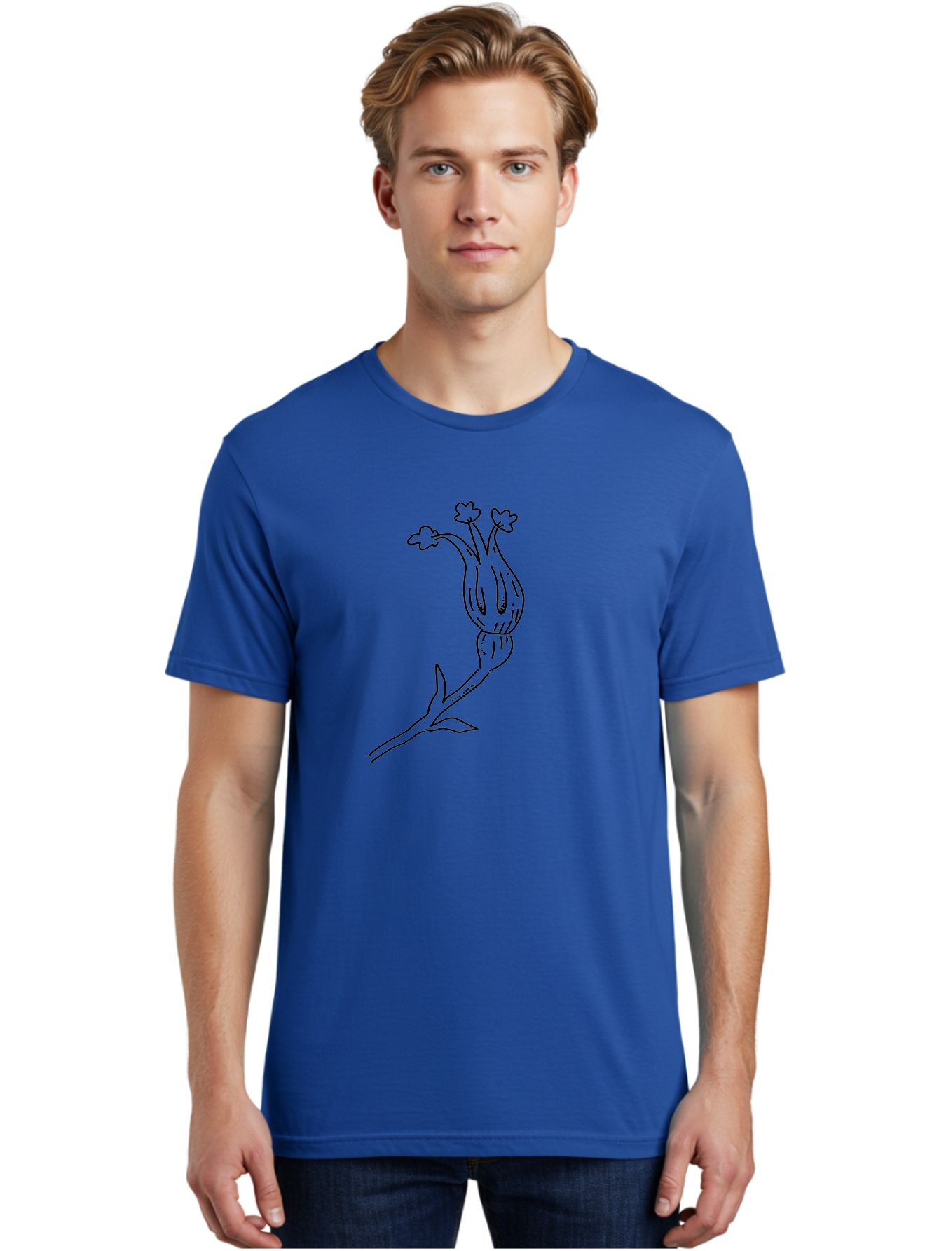 Flower-Illustration Men'S Graphic Tee, 100% Cotton, Comfortable Casual Summer Wear, Machine Washable, Simple Flower Drawing, Minimalist Art, Black Outline, Stylized Blooms, Hand-Drawn Illustration, Floral Design, Cartoon Flower - Aaa433
