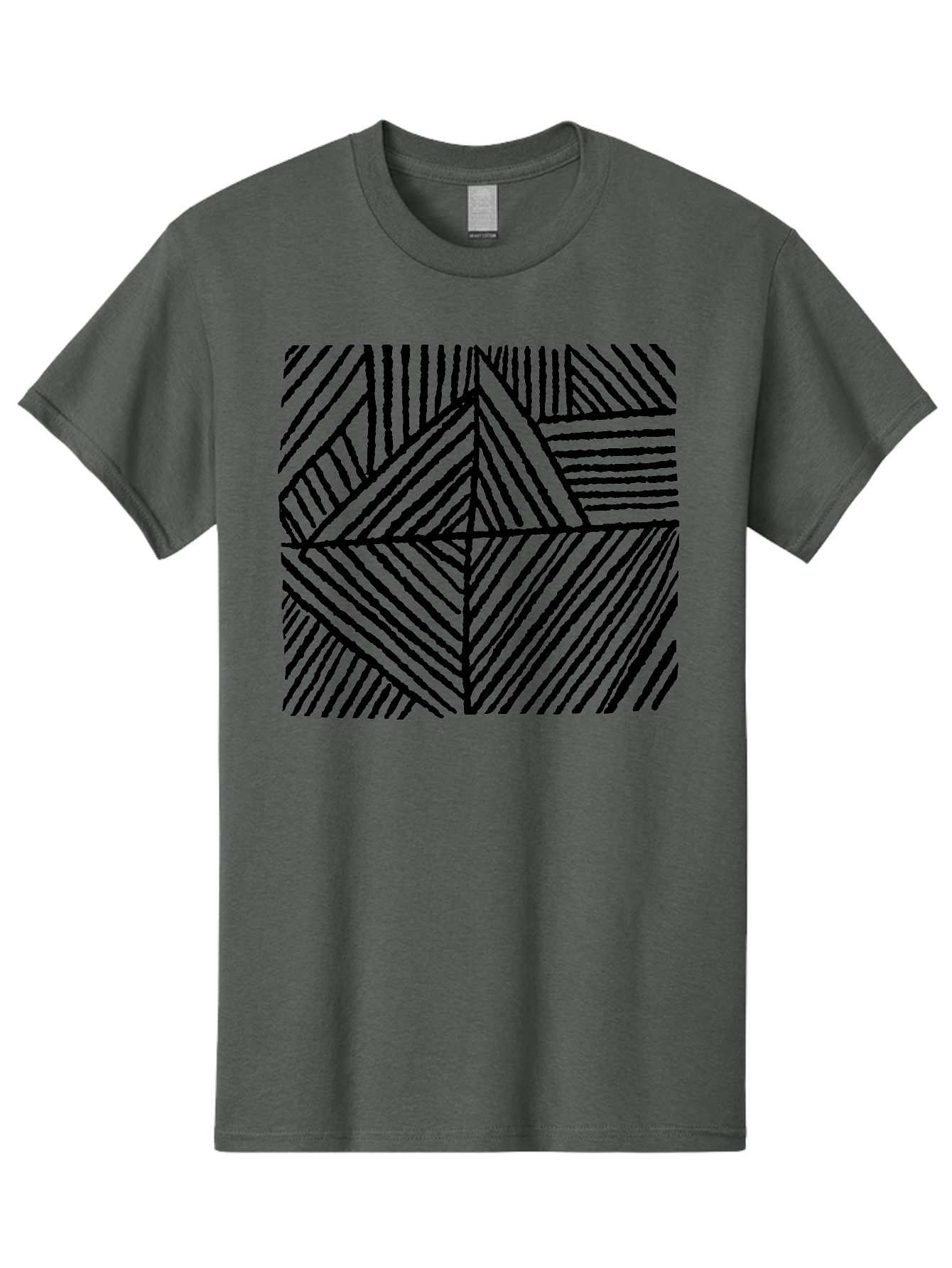 Geometric-Pattern Men'S Graphic Tee, 100% Cotton, Comfortable Casual Summer Wear, Machine Washable, Geometric Pattern, Black Lines, Abstract Design, Modern Art, Optical Illusion, Diagonal Lines, Triangle Shapes, Minimalist Style - Aaa436
